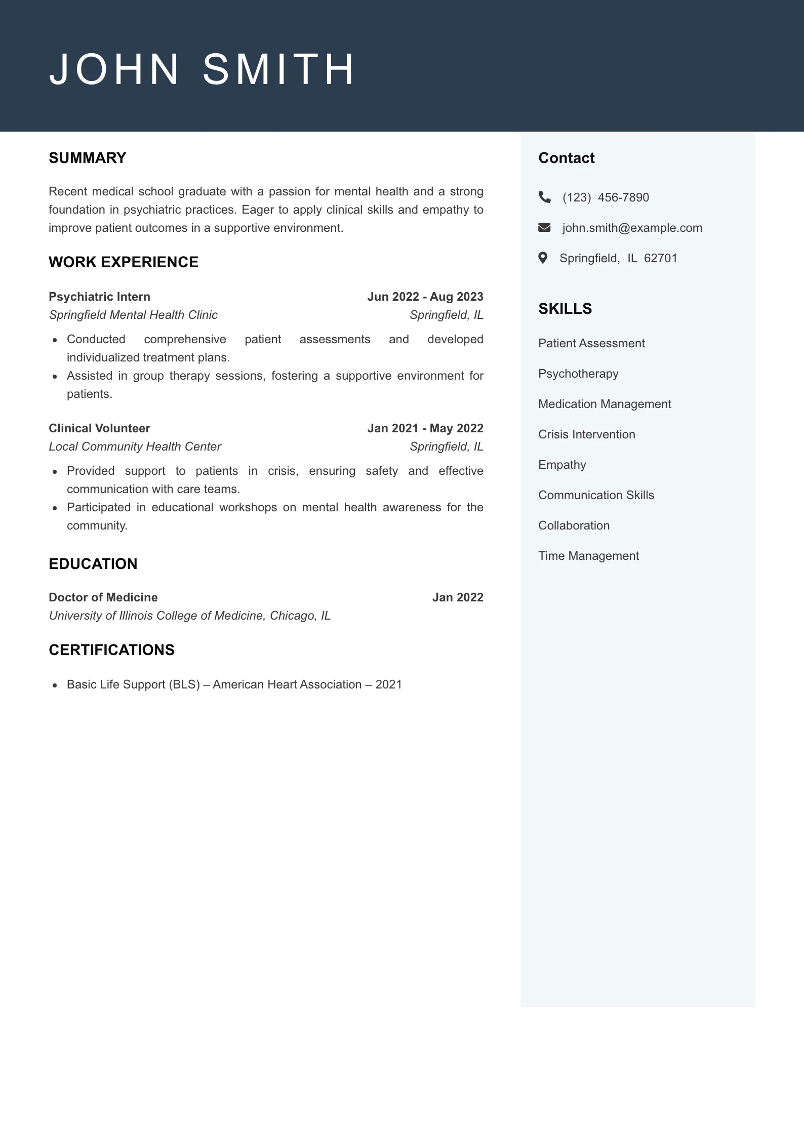 Entry Level Psychiatrist Resume Example
