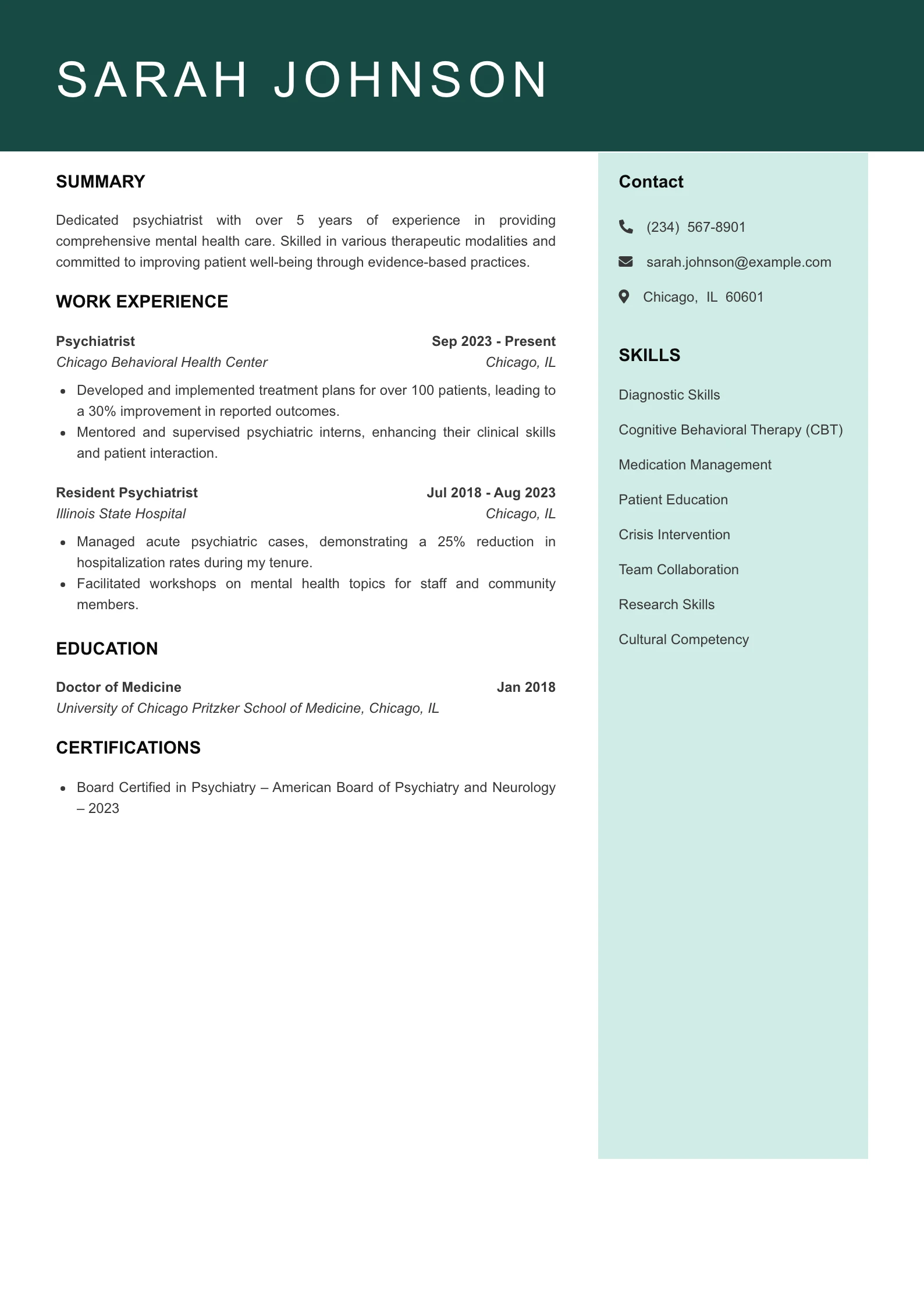 Mid Level Psychiatrist Resume Example