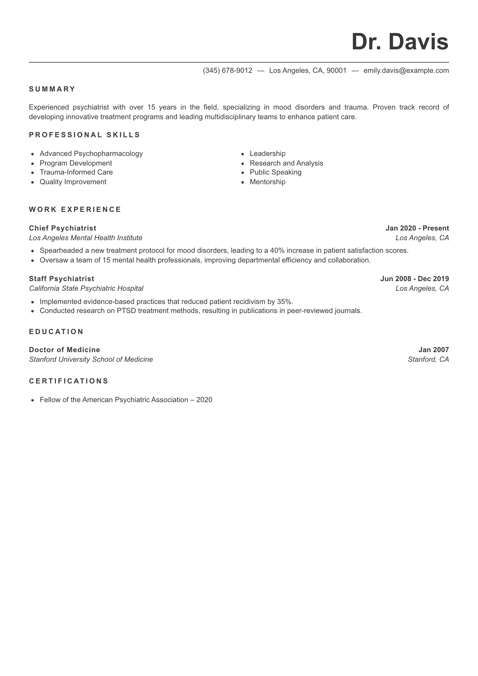 Senior Level Psychiatrist Resume Example