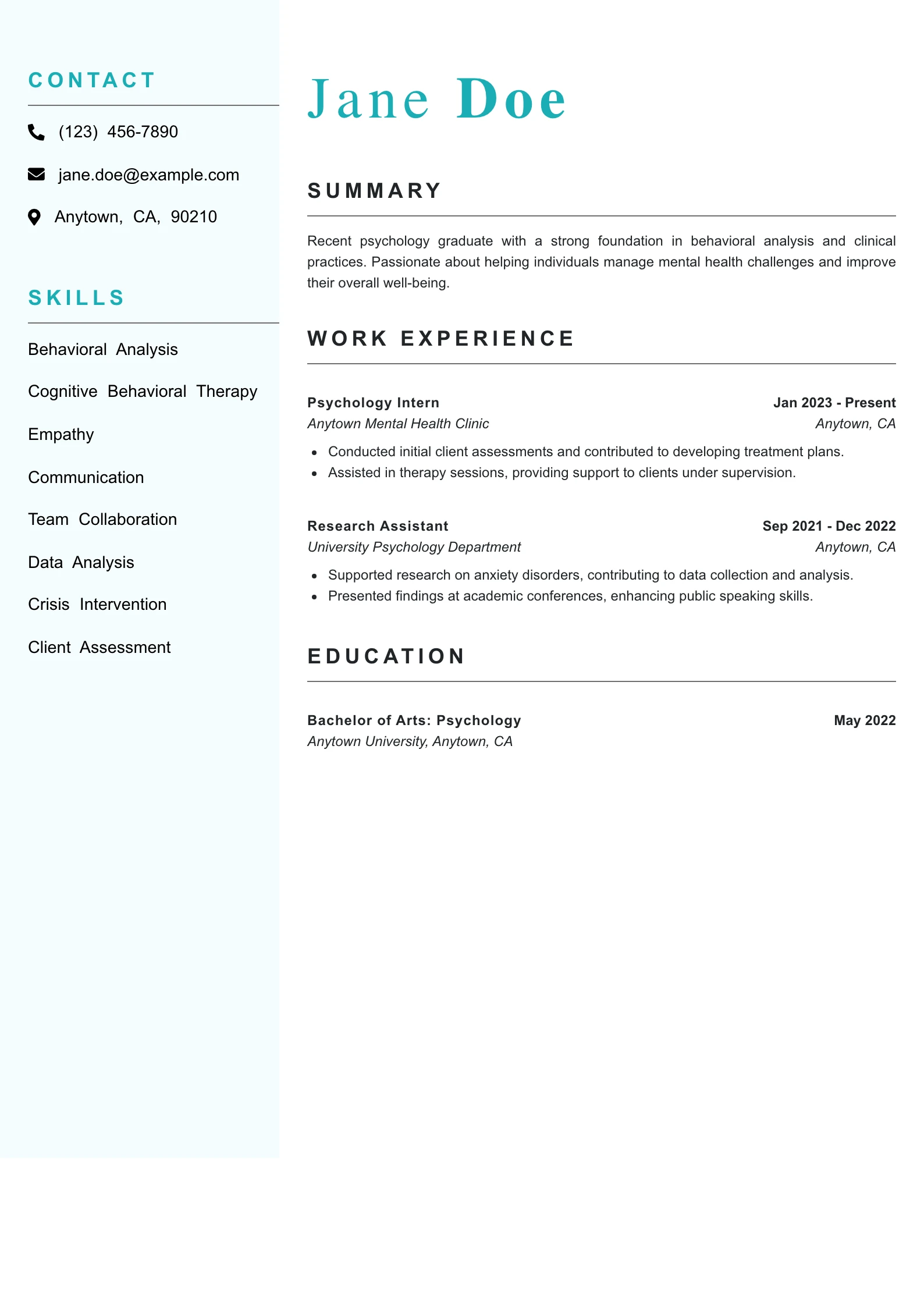 Entry Level Psychologist Resume Example