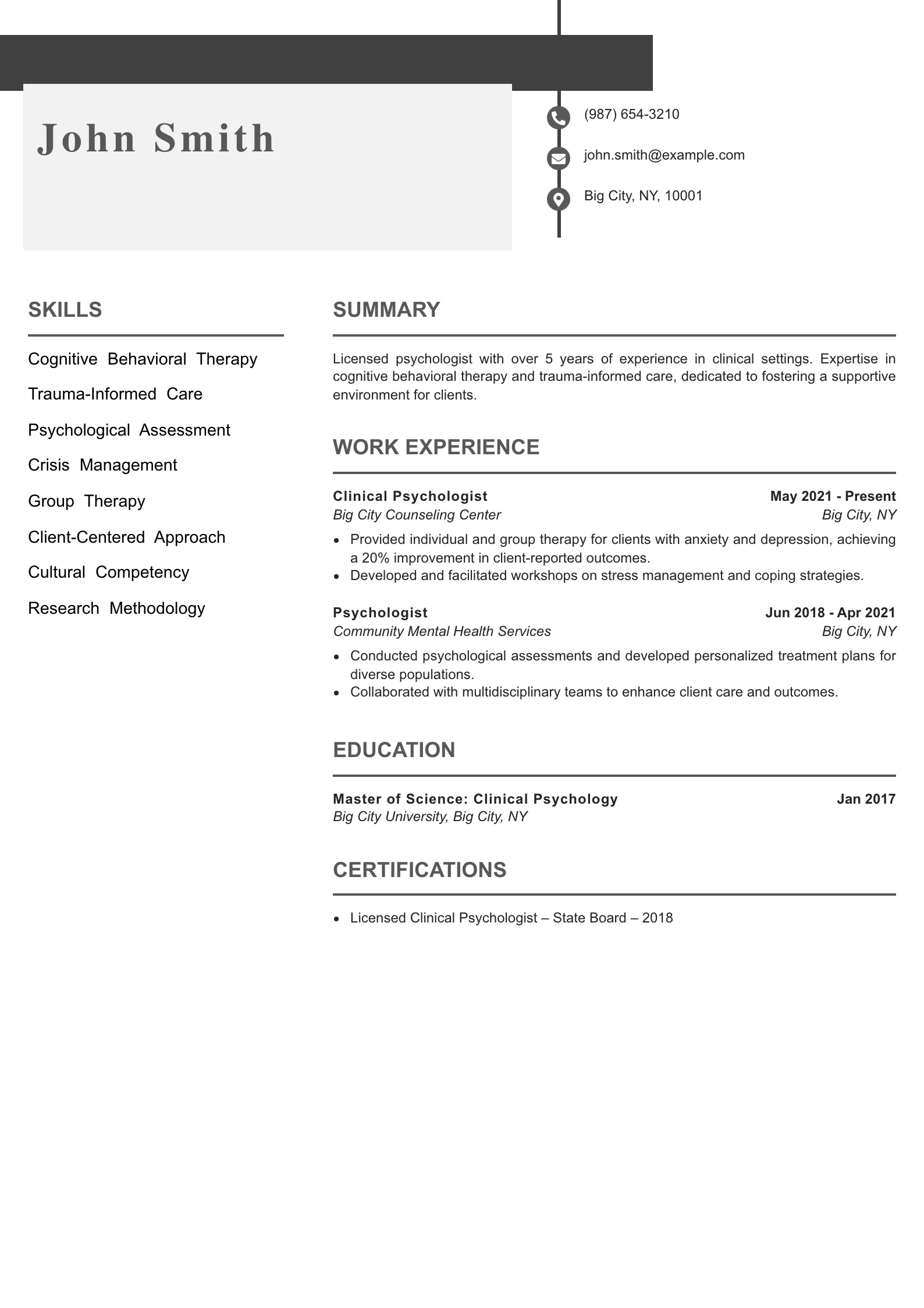 Mid Level Psychologist Resume Example