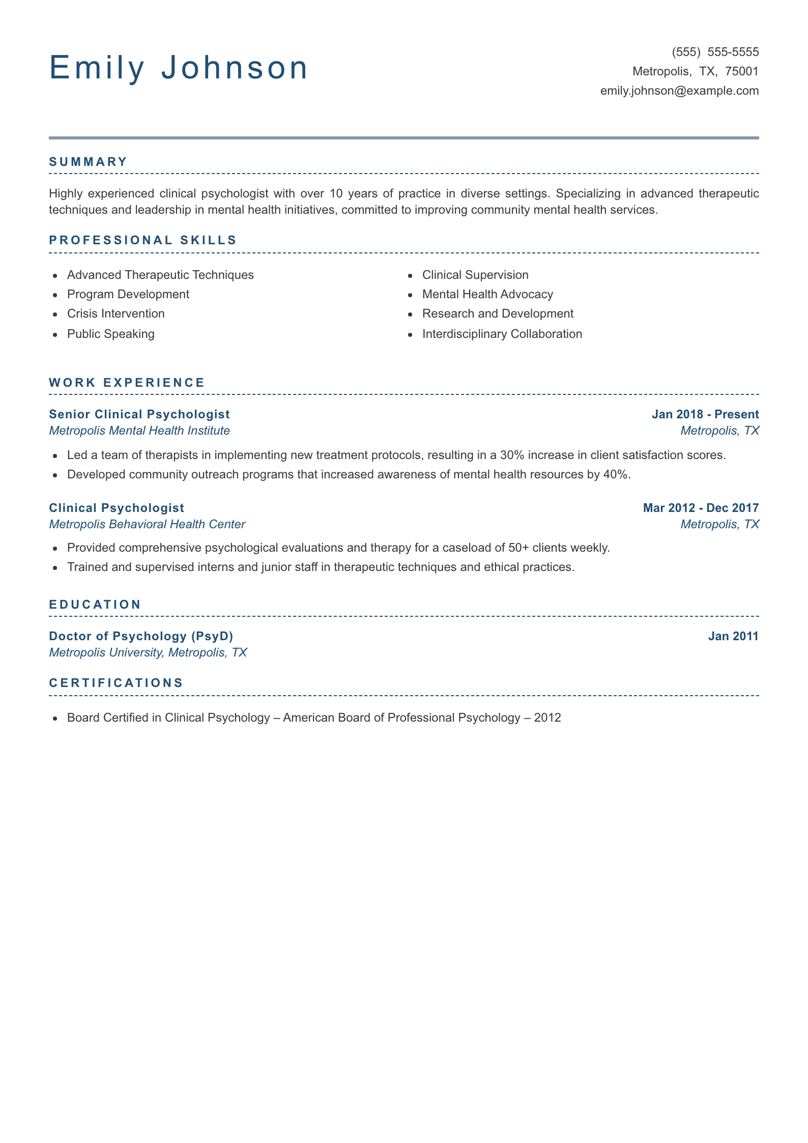 Senior Level Psychologist Resume Example