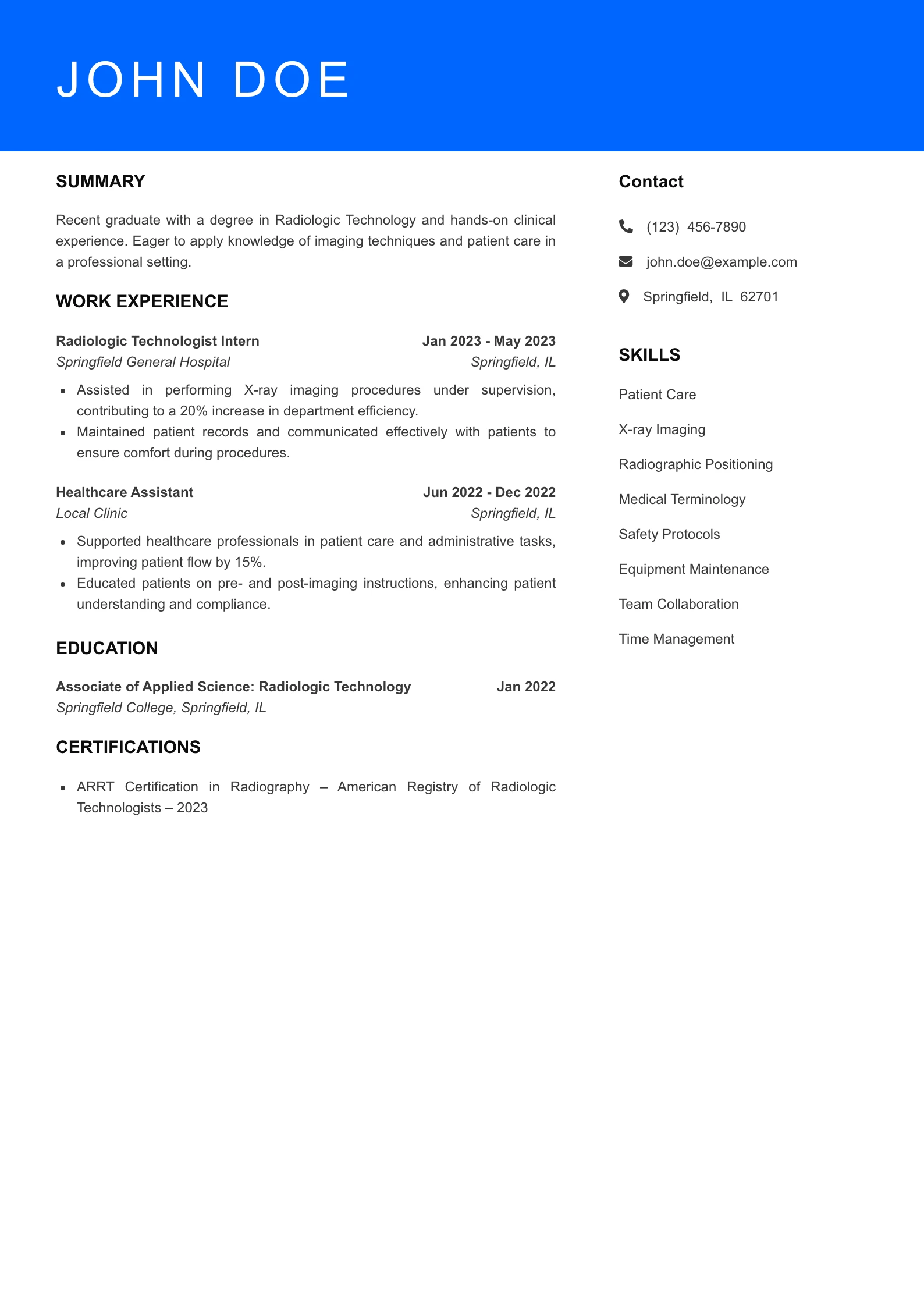 Selected Radiologic Technologist Resume