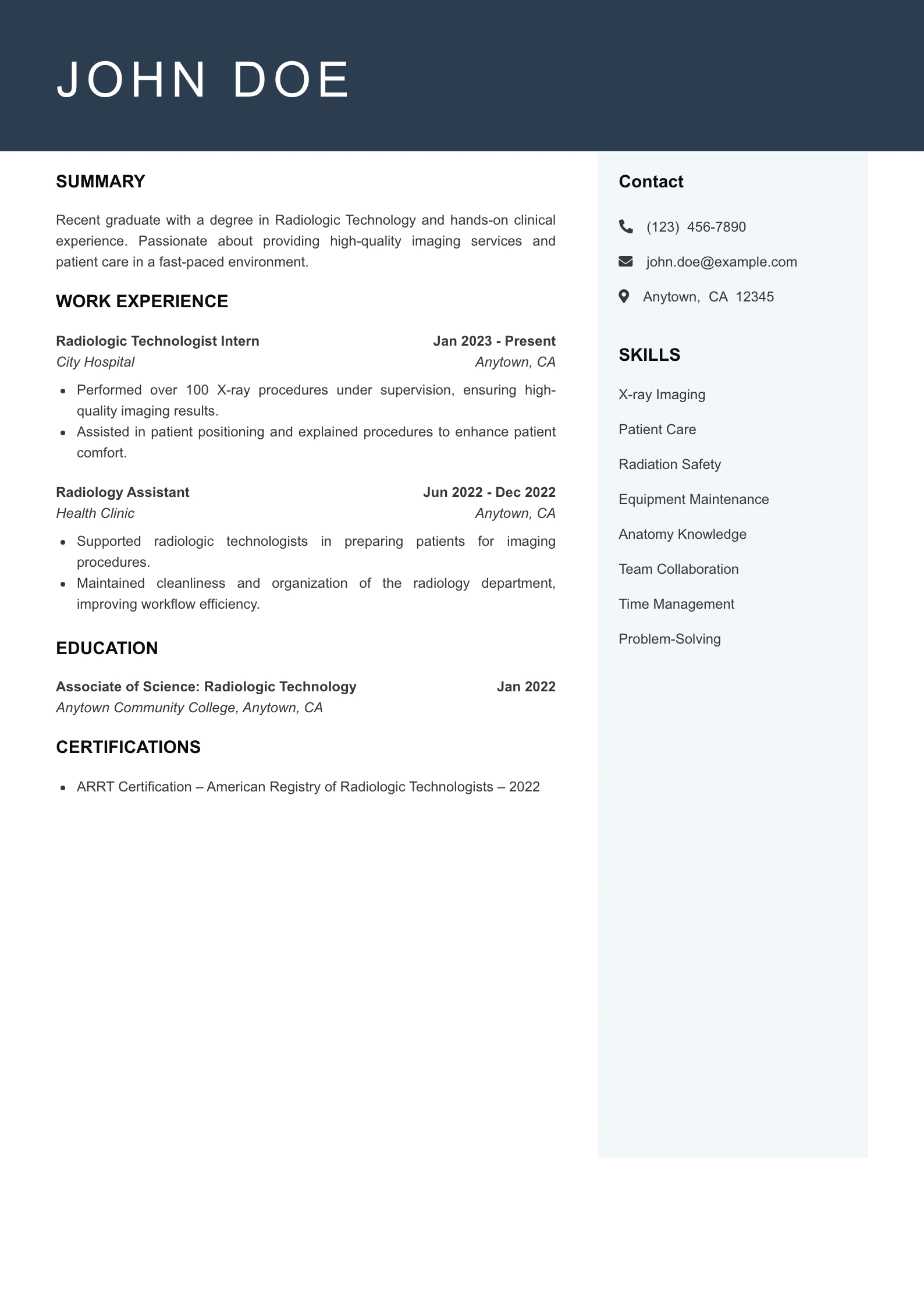 Entry Level Radiologic Technologist Resume Example