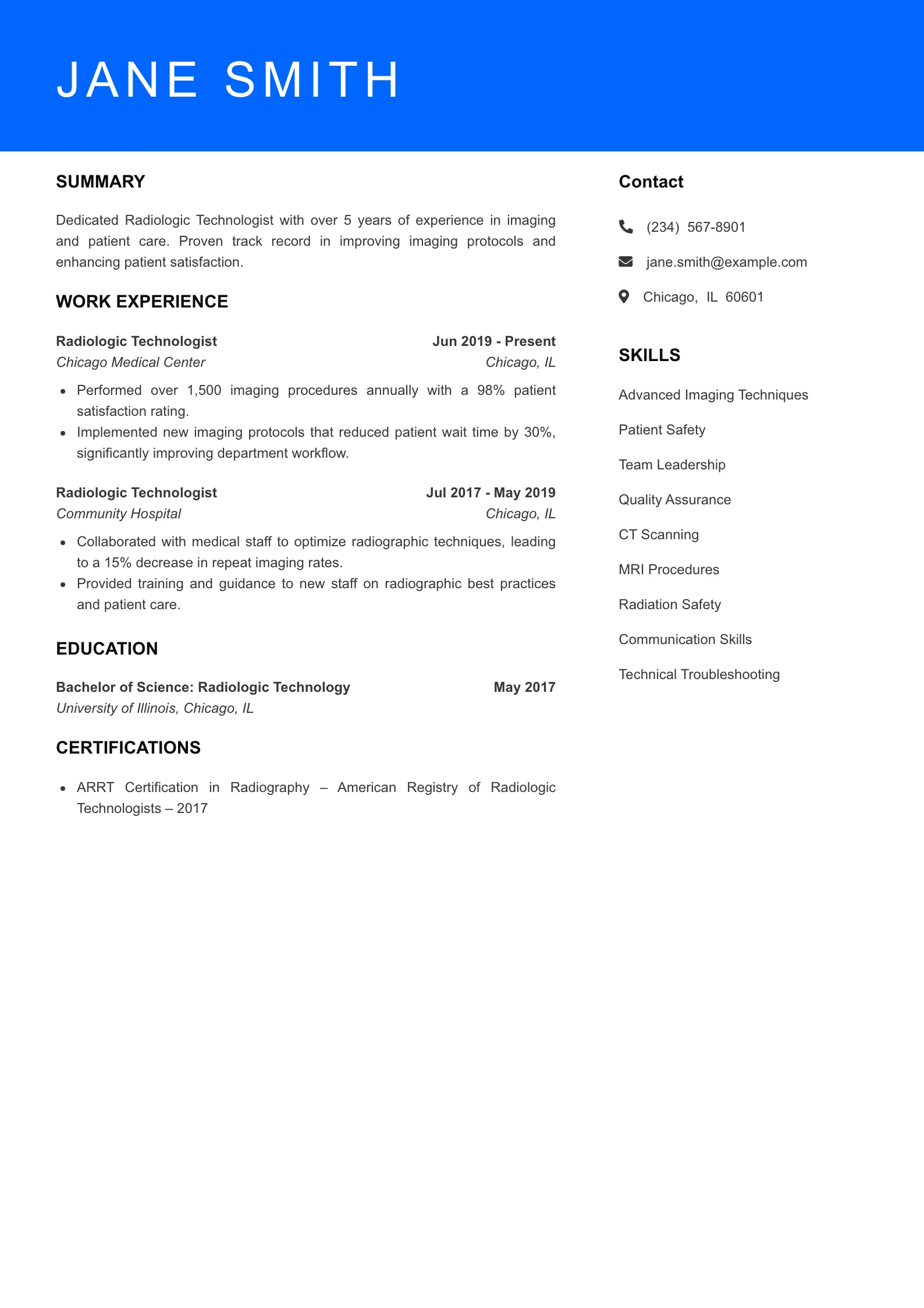 Mid Level Radiologic Technologist Resume Sample