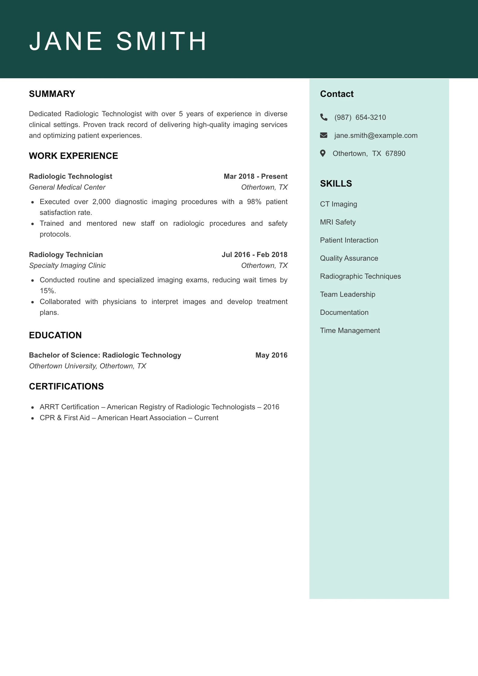 Mid Level Radiologic Technologist Resume Example