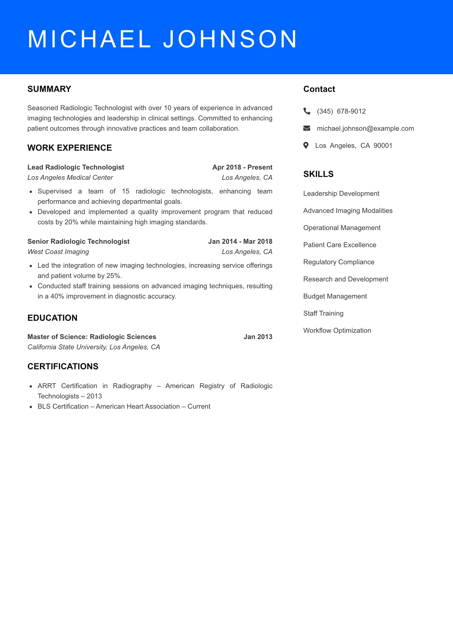 Senior Level Radiologic Technologist Resume Sample