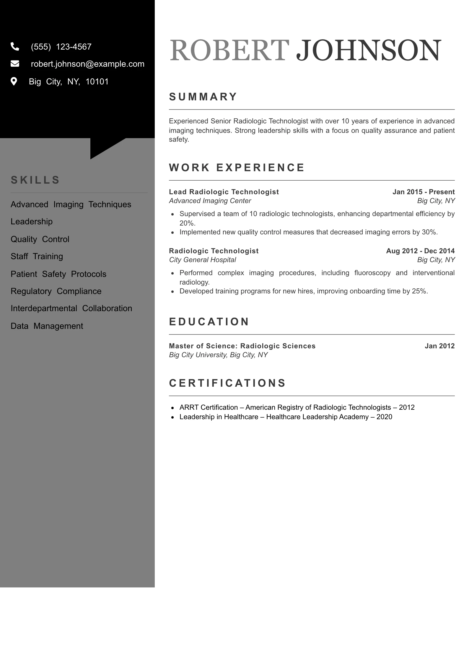 Senior Level Radiologic Technologist Resume Example