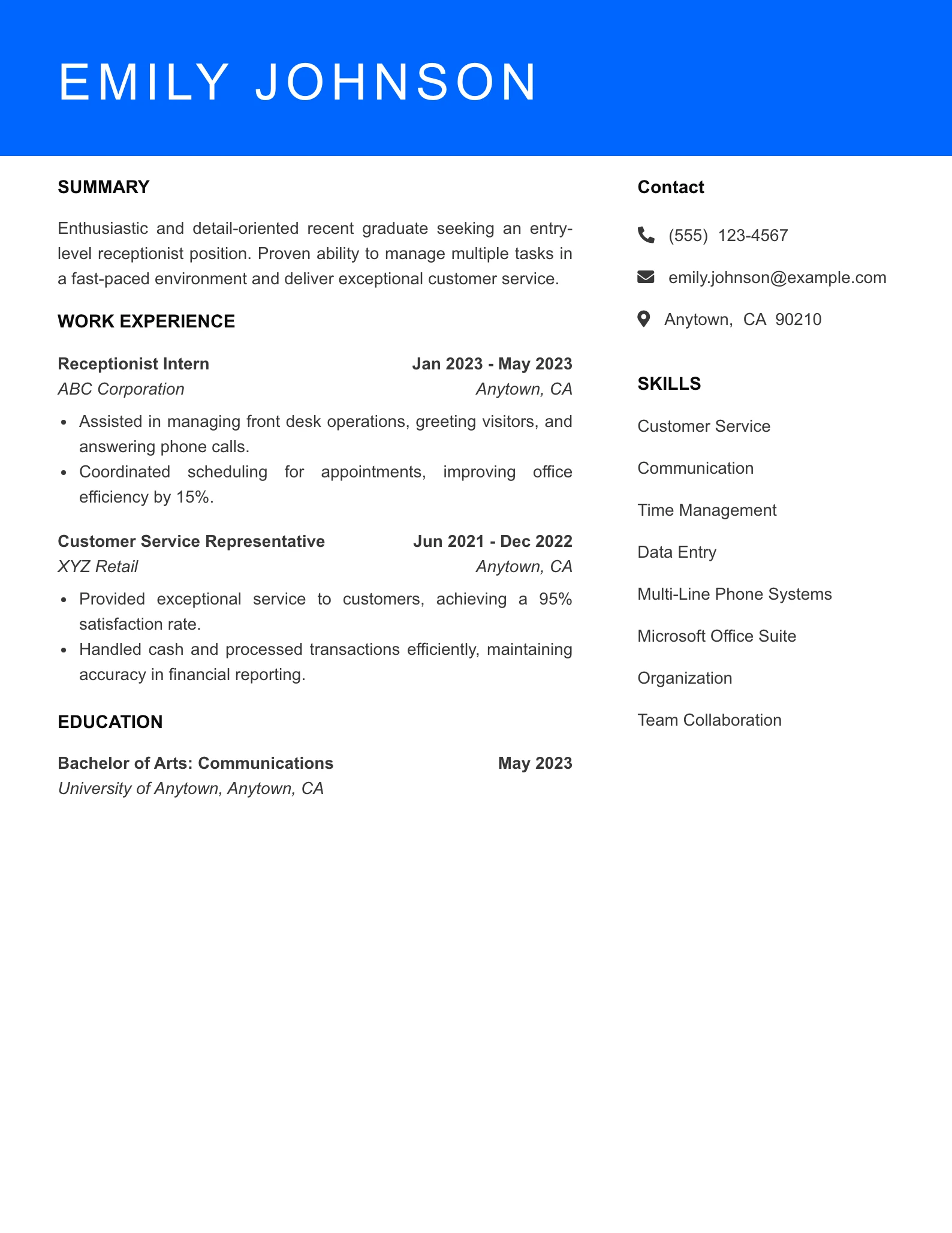 Selected Receptionist Resume