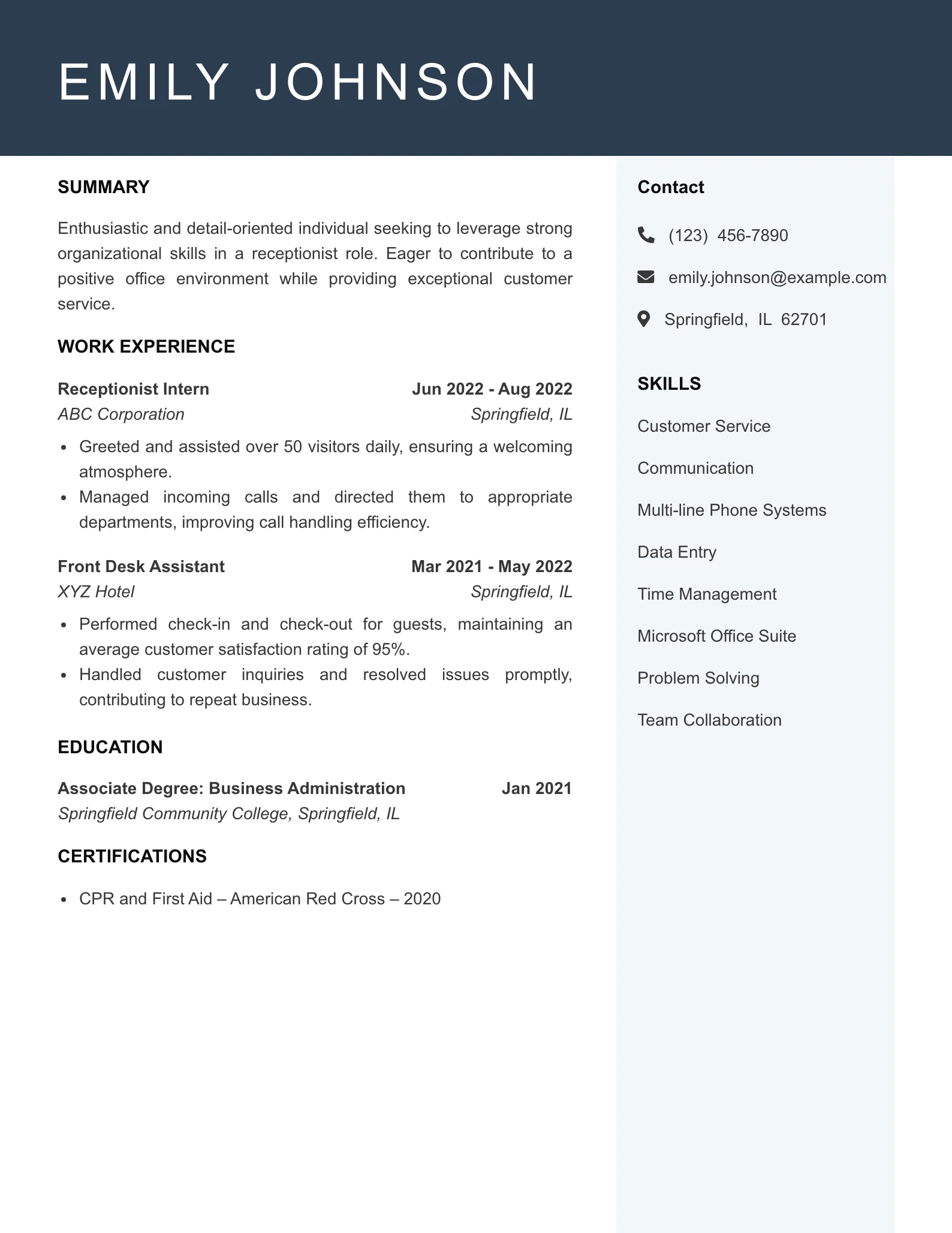 Entry Level Receptionist Resume Example