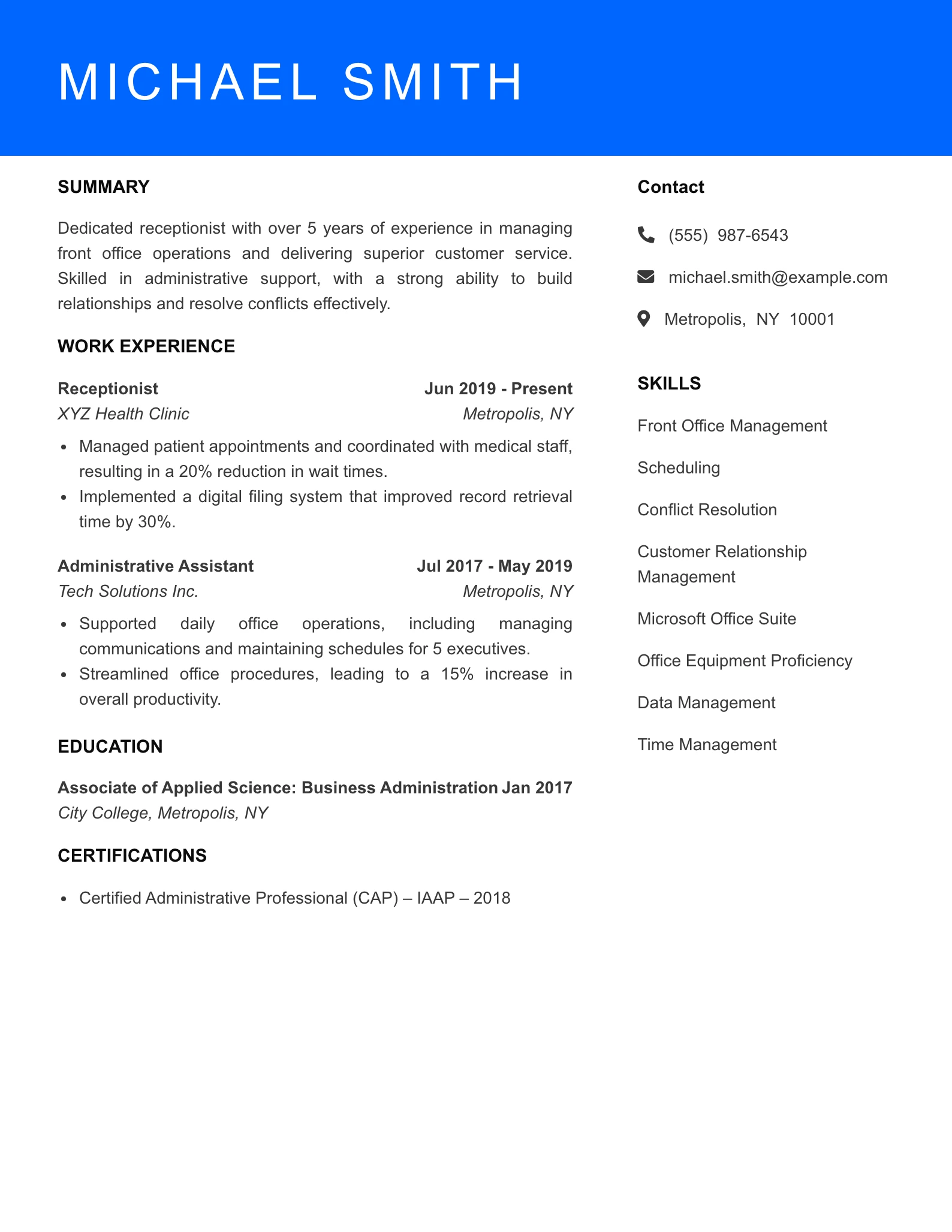 Mid Level Receptionist Resume Sample