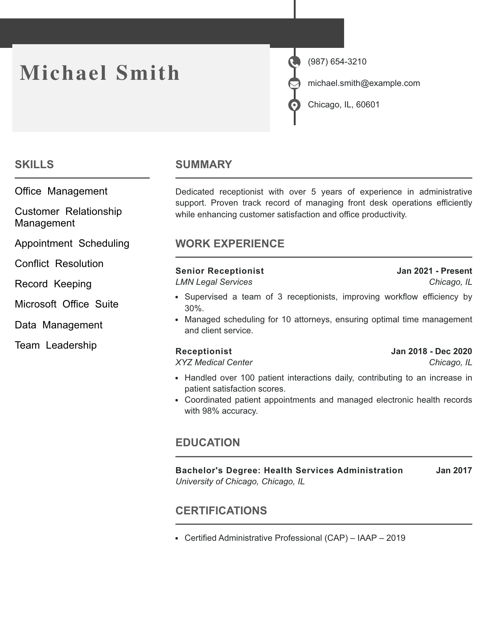 Mid Level Receptionist Resume Example