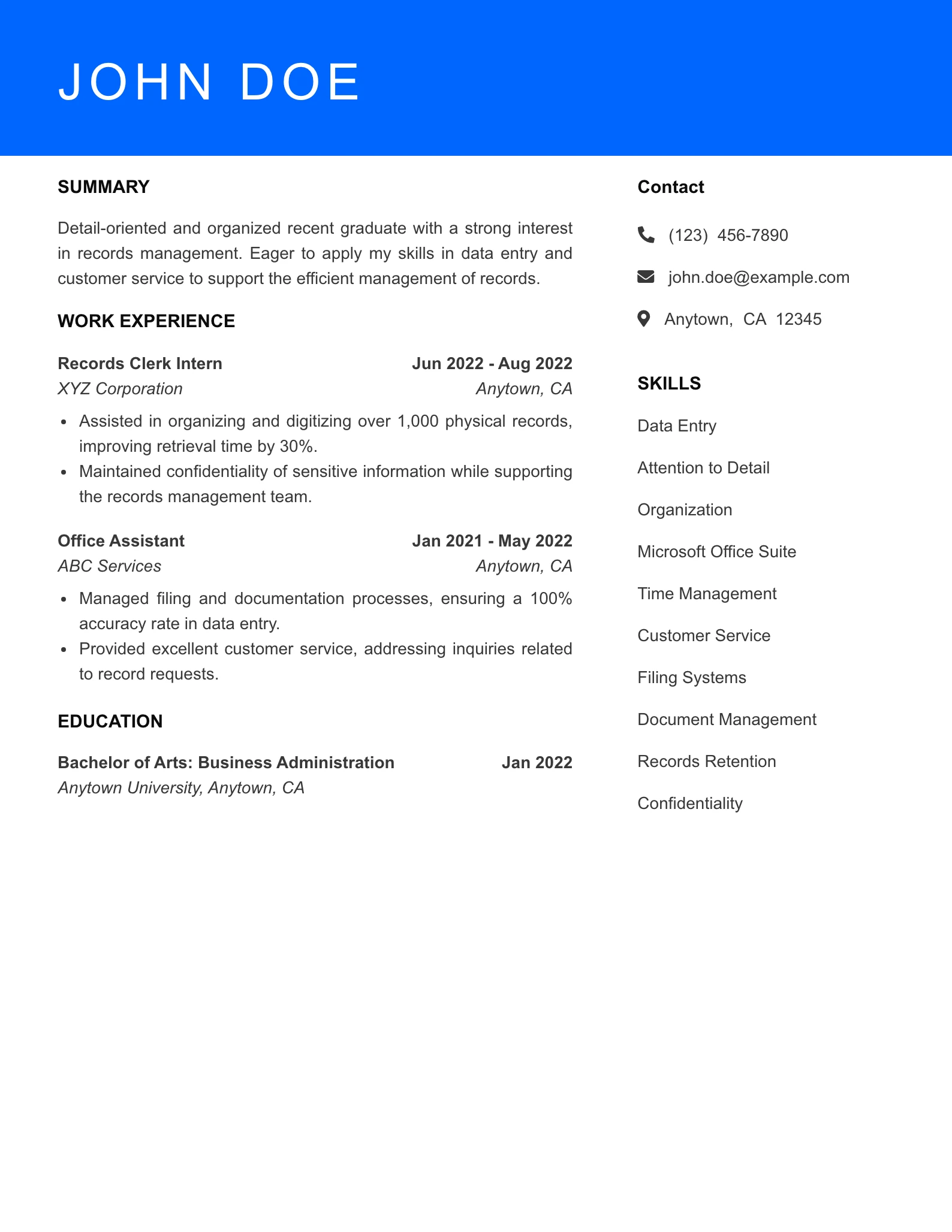 Selected Records Clerk Resume