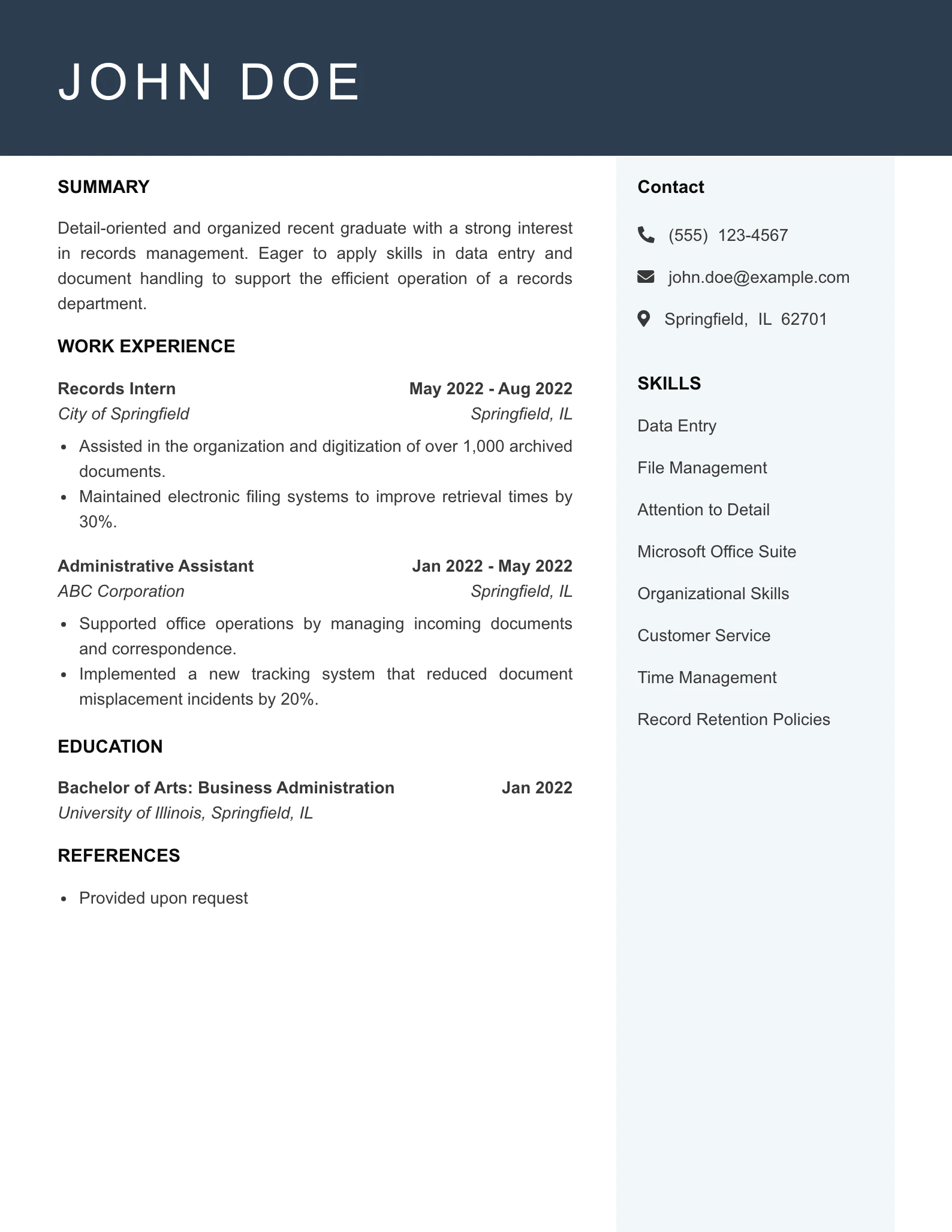 Entry Level Records Clerk Resume Example