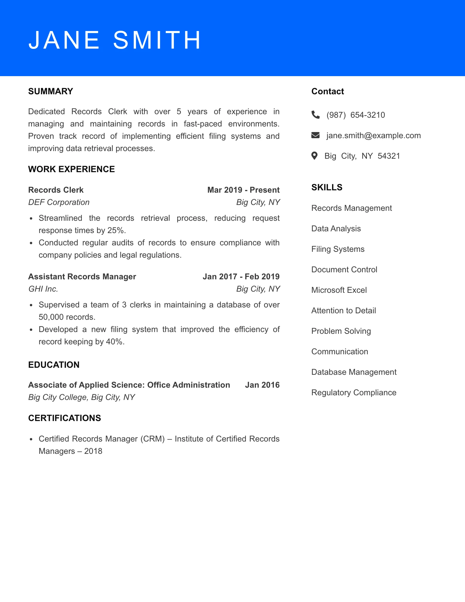 Mid Level Records Clerk Resume Sample