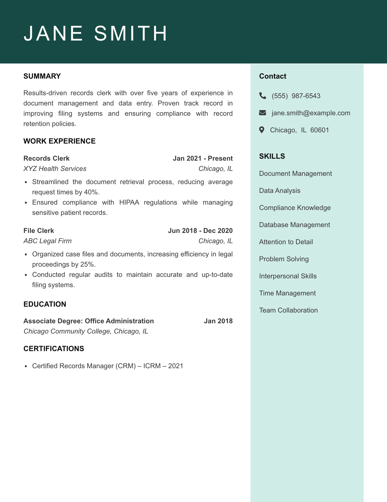 Mid Level Records Clerk Resume Example