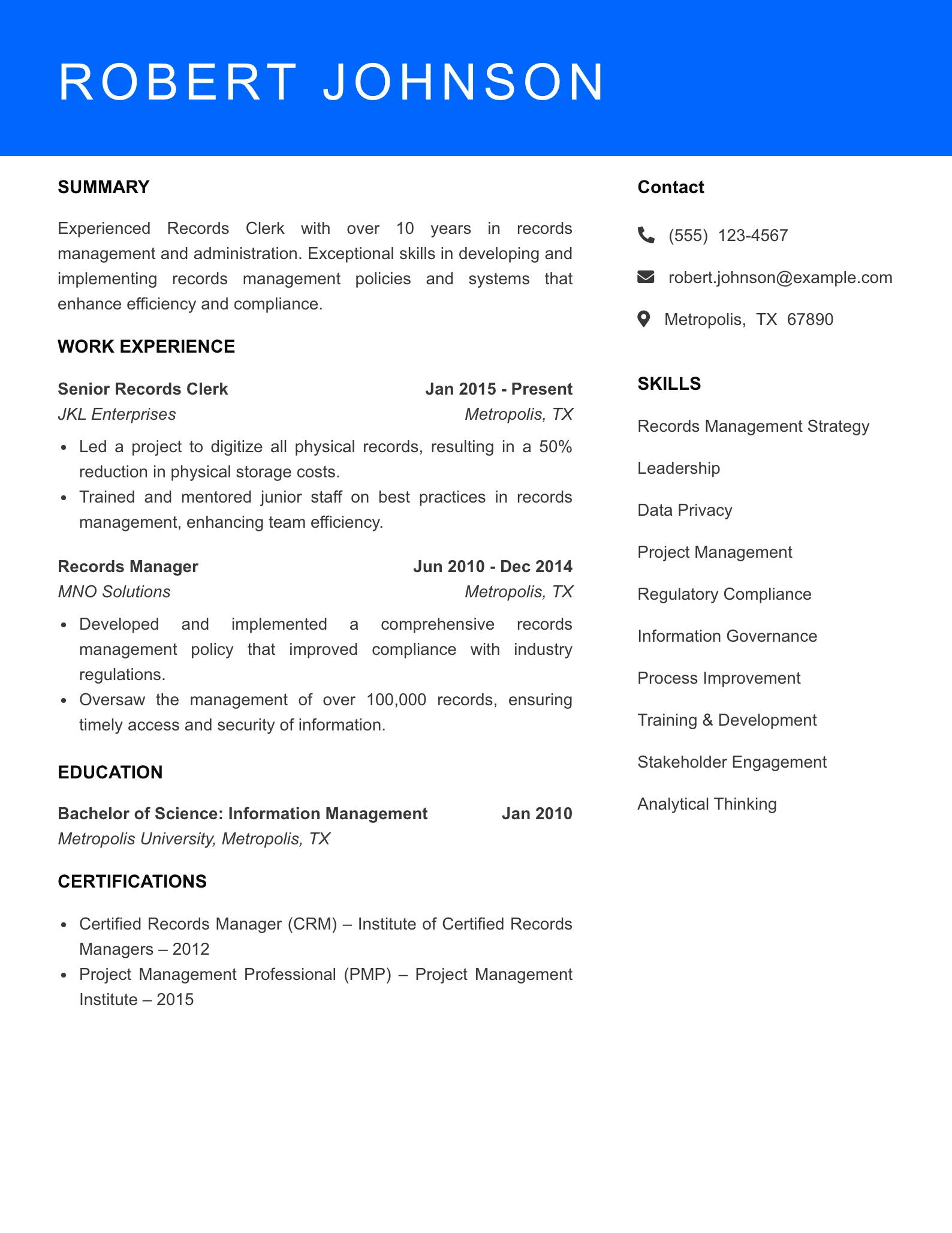 Senior Level Records Clerk Resume Sample