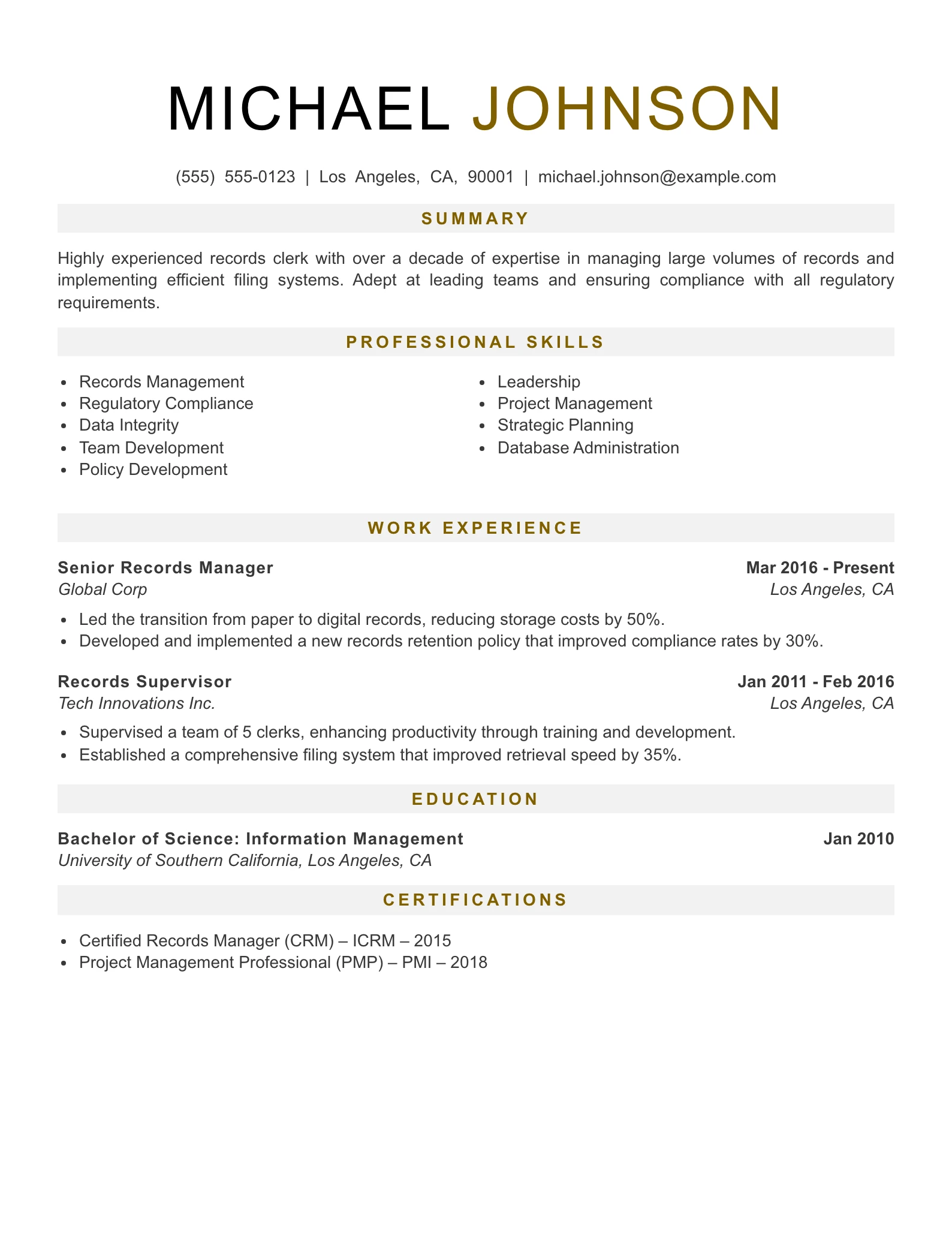 Senior Level Records Clerk Resume Example