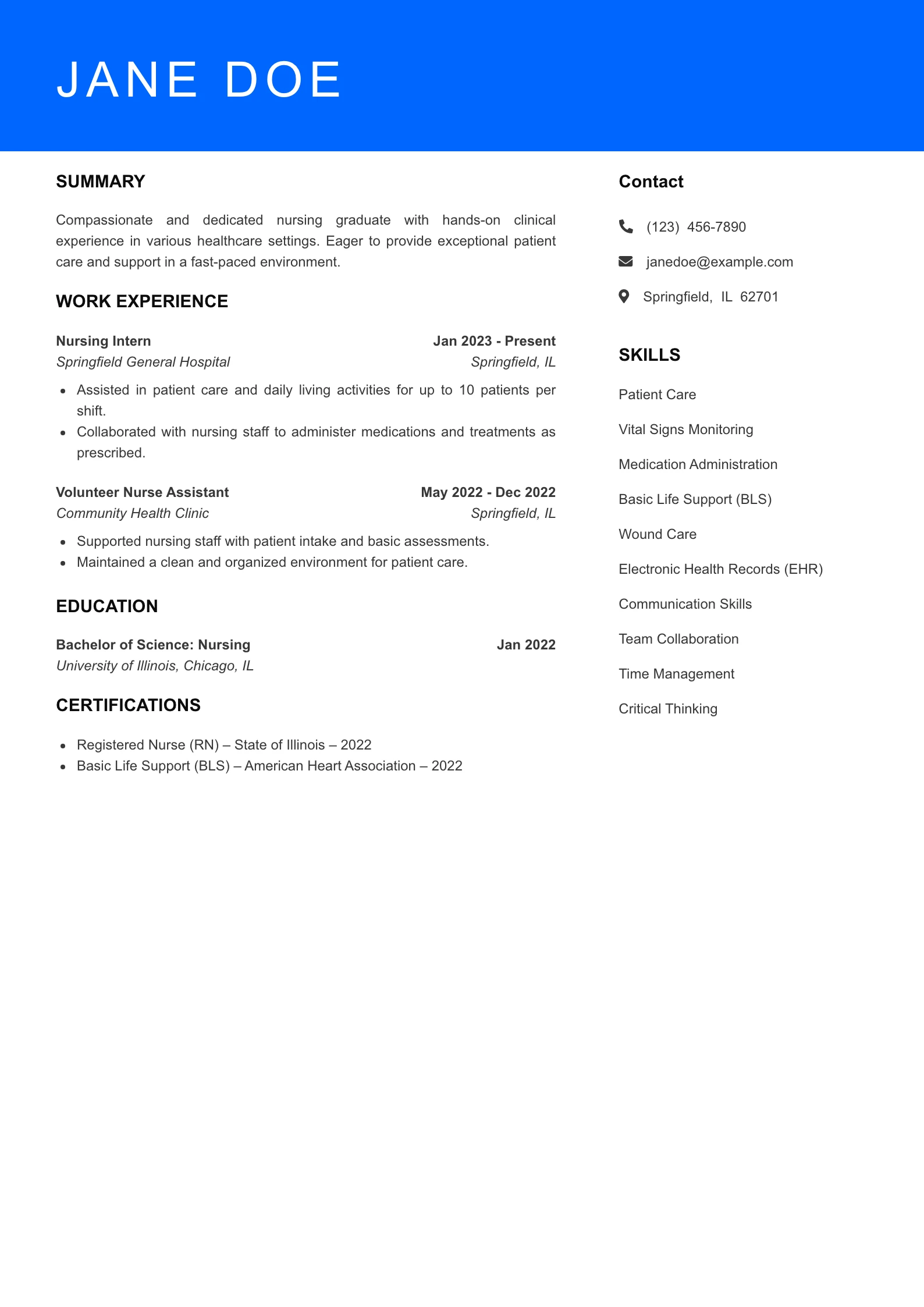 Selected Registered Nurse Resume