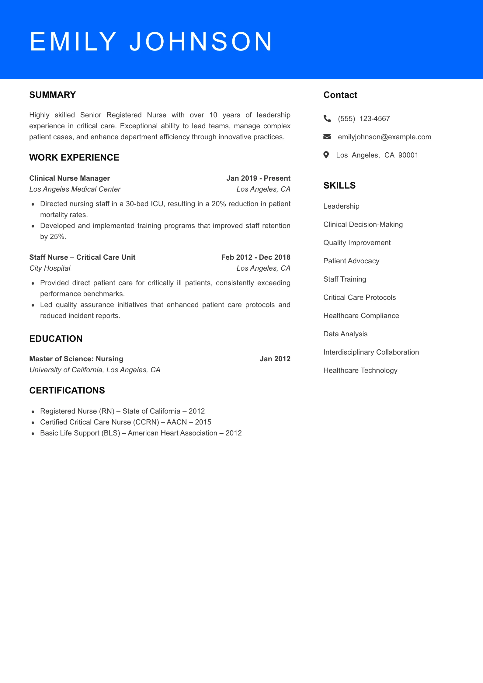 Senior Level Registered Nurse Resume Sample