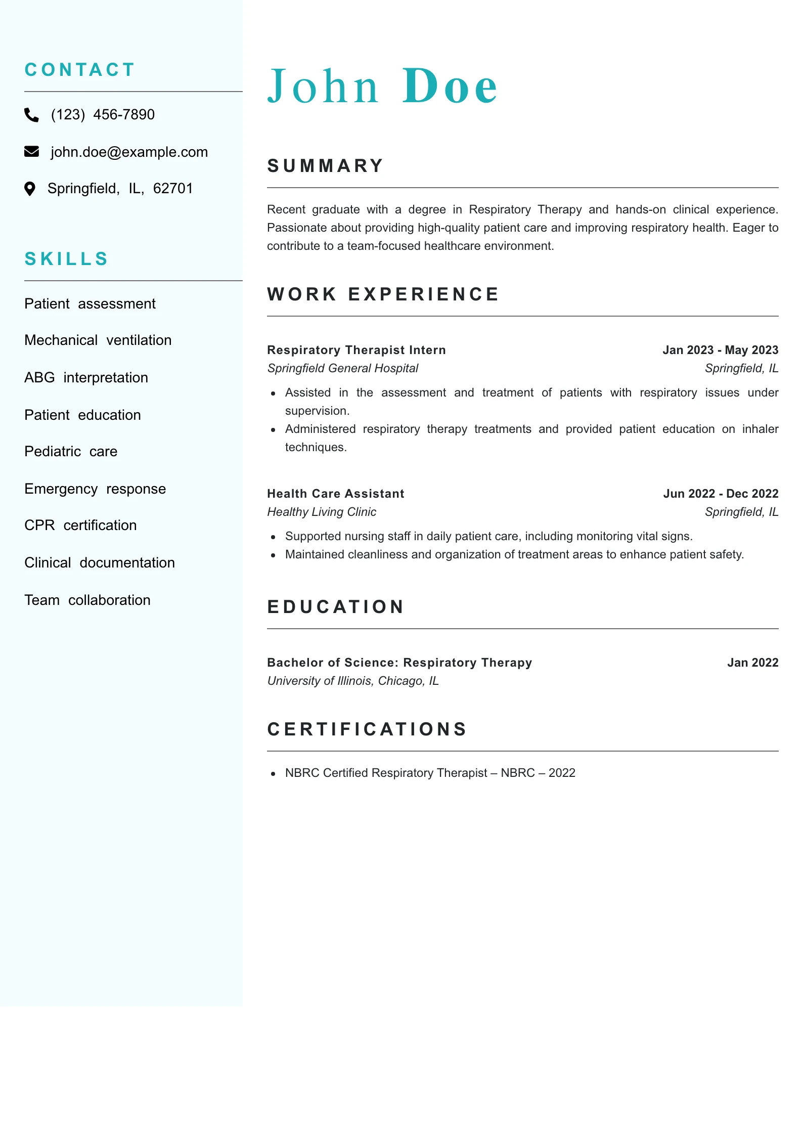 Entry Level Respiratory Therapist Resume Example