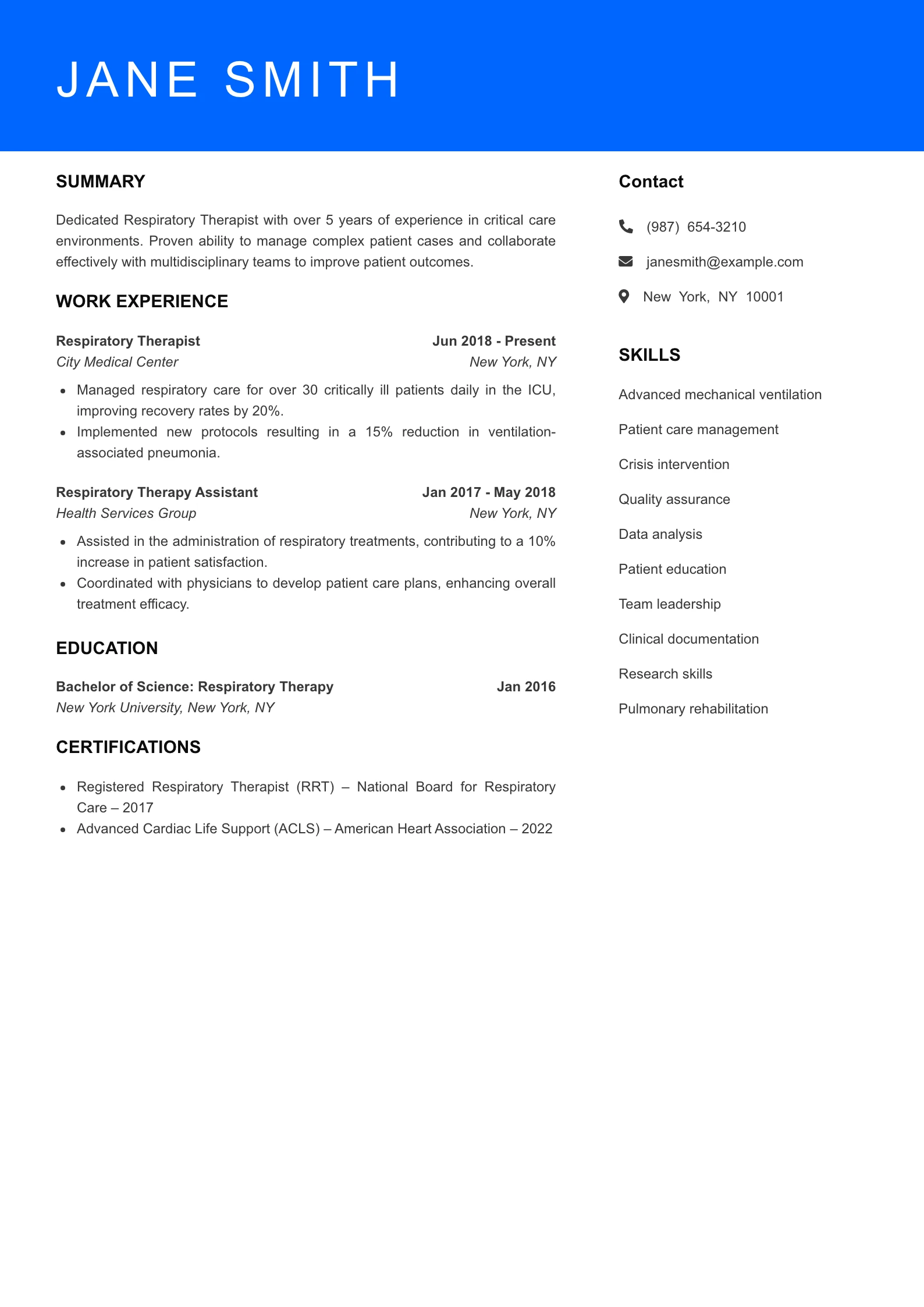 Mid Level Respiratory Therapist Resume Sample