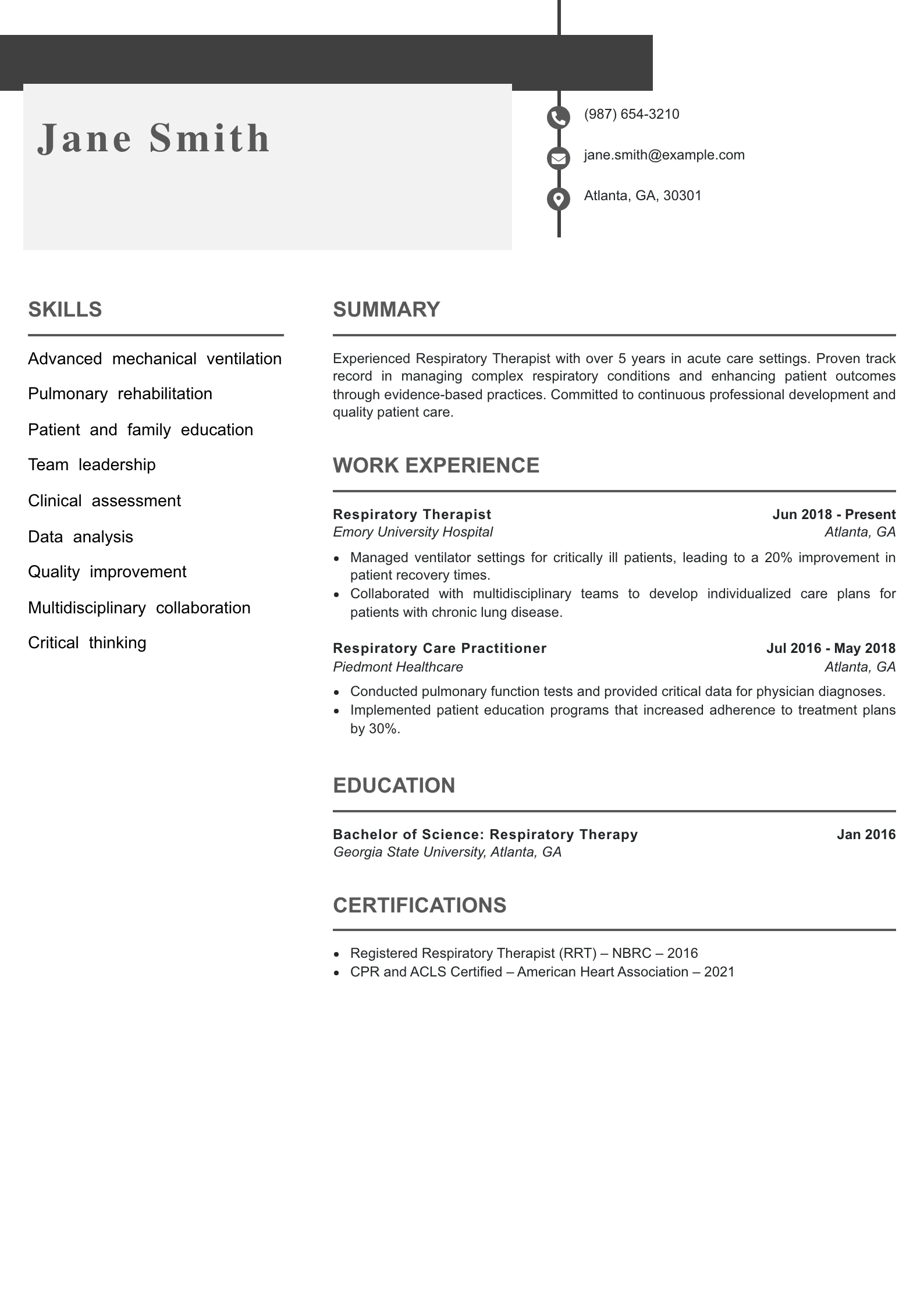 Mid Level Respiratory Therapist Resume Example