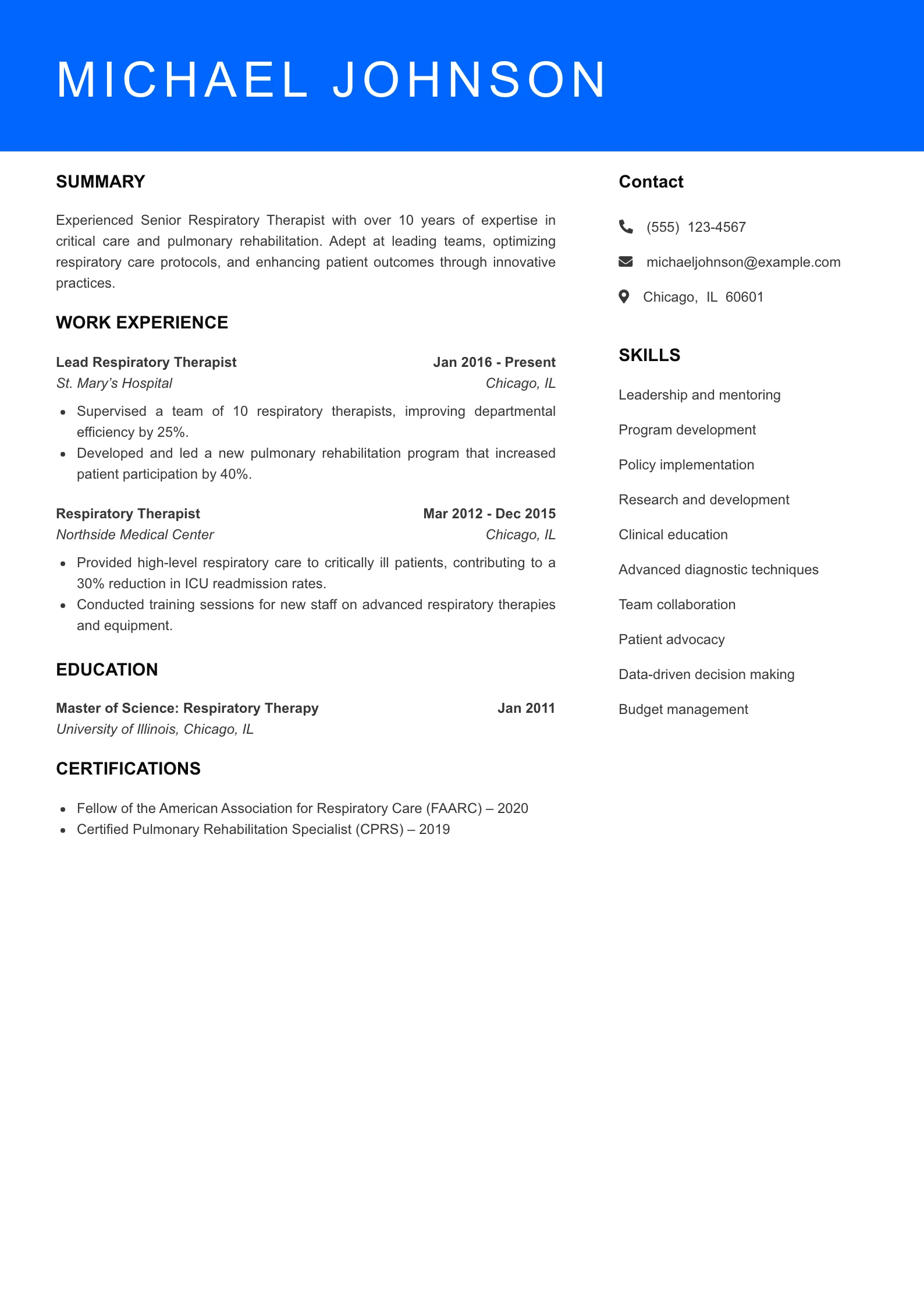 Senior Level Respiratory Therapist Resume Sample
