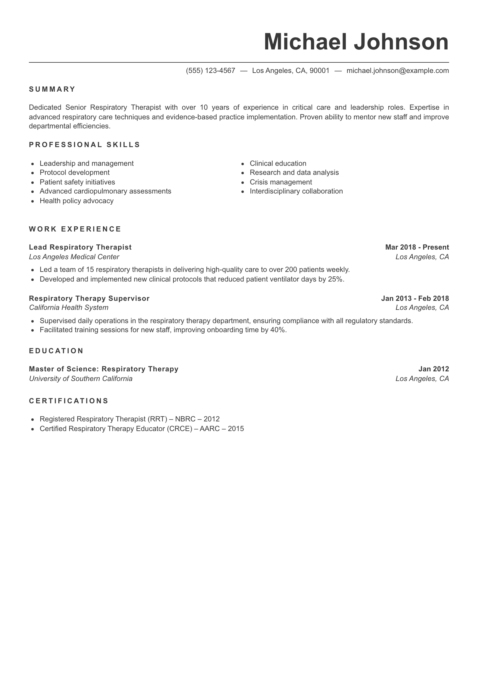 Senior Level Respiratory Therapist Resume Example