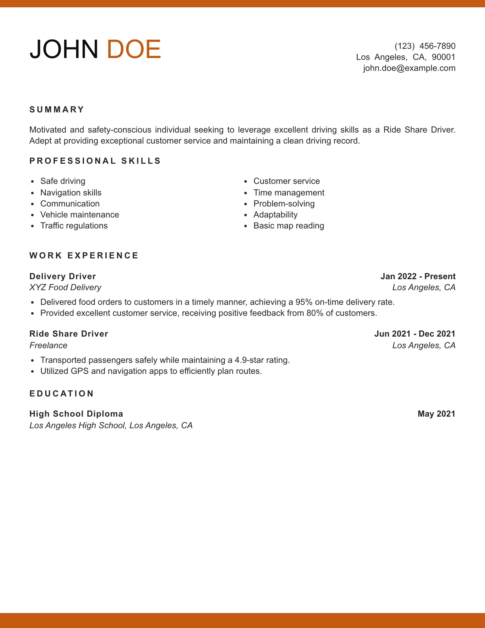 Entry Level Ride Share Driver Resume Example