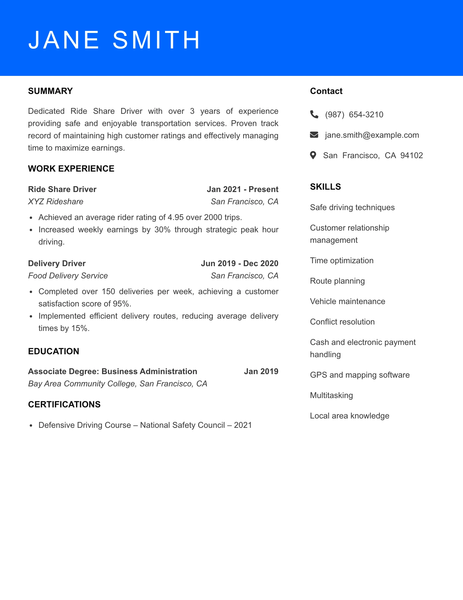 Mid Level Ride Share Driver Resume Sample
