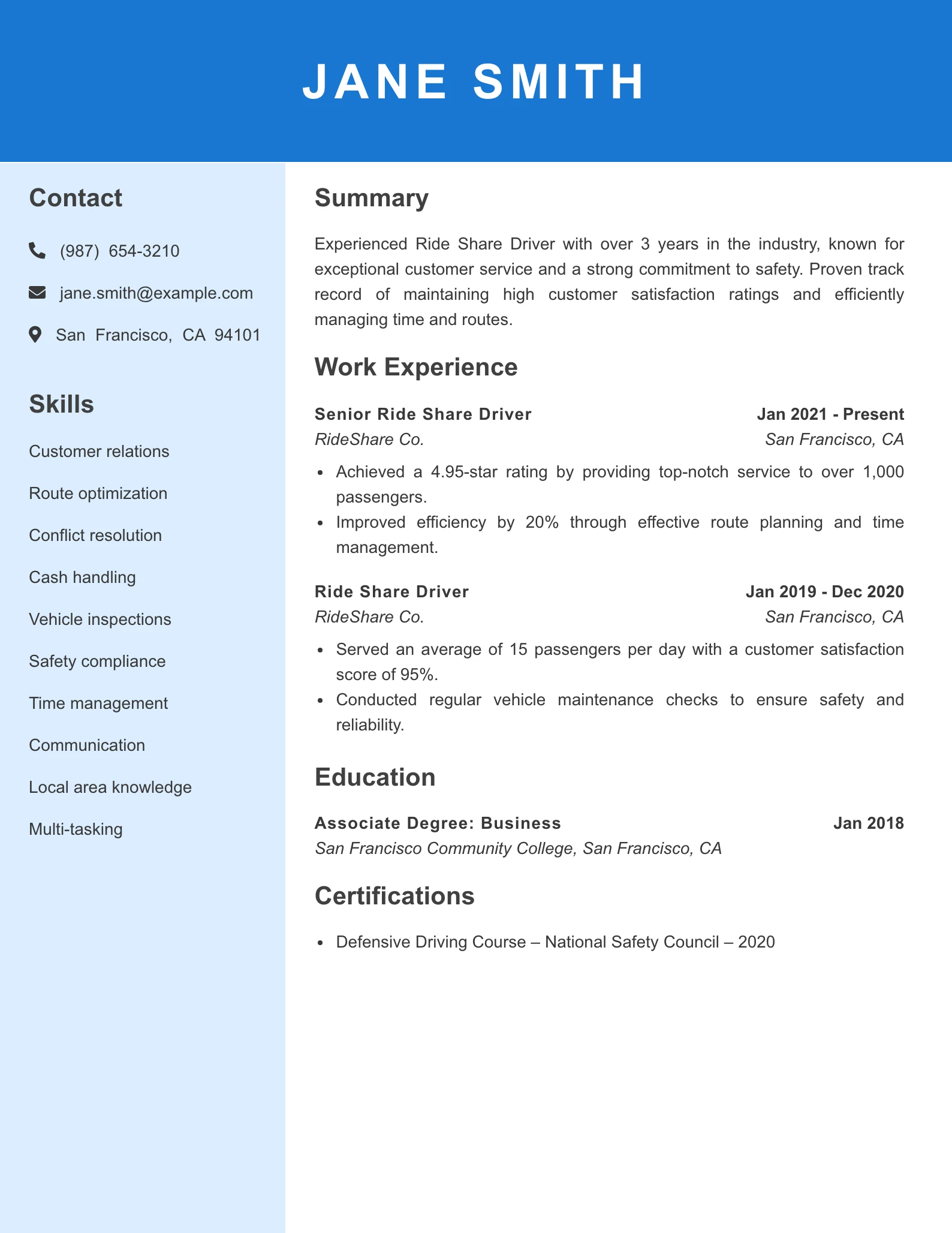 Mid Level Ride Share Driver Resume Example