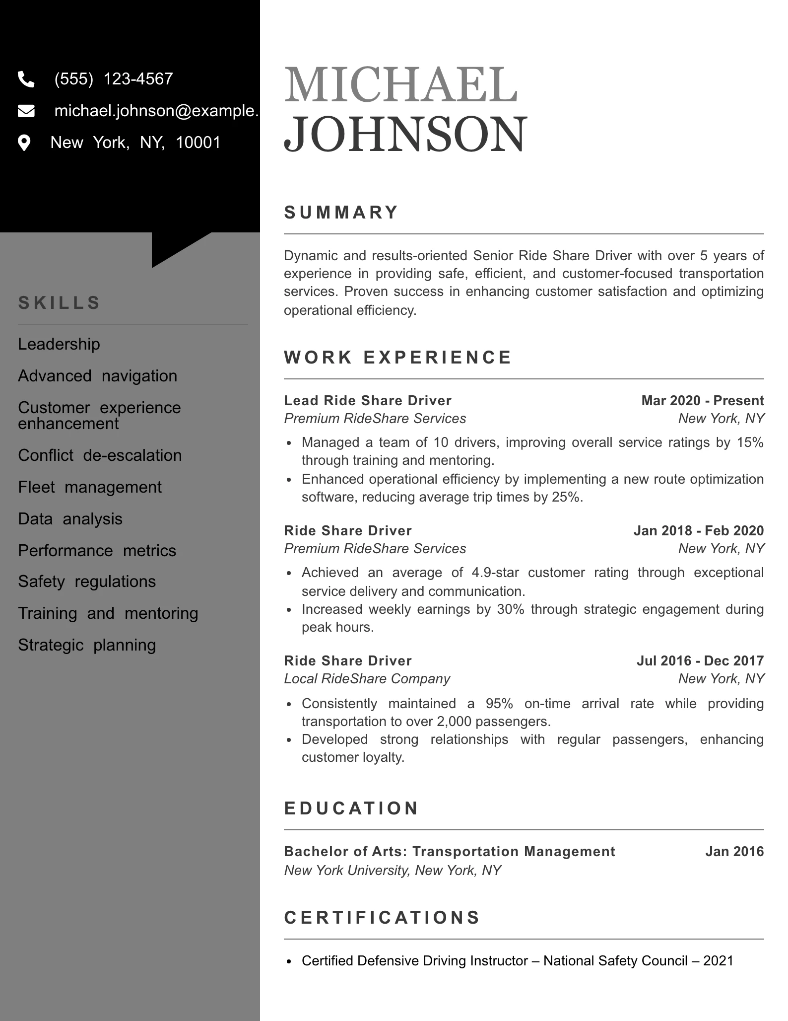 Senior Level Ride Share Driver Resume Example
