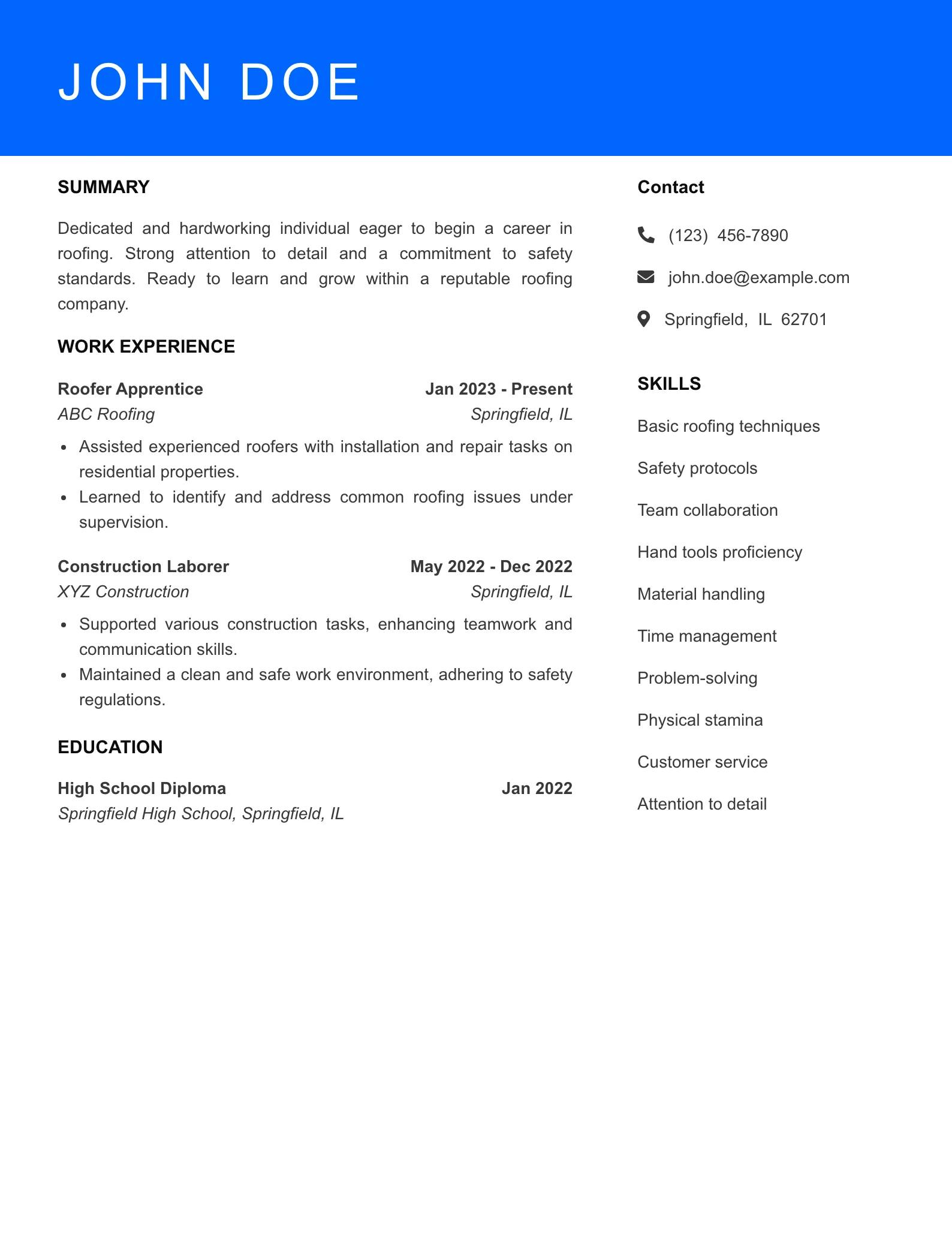 Selected Roofer Resume