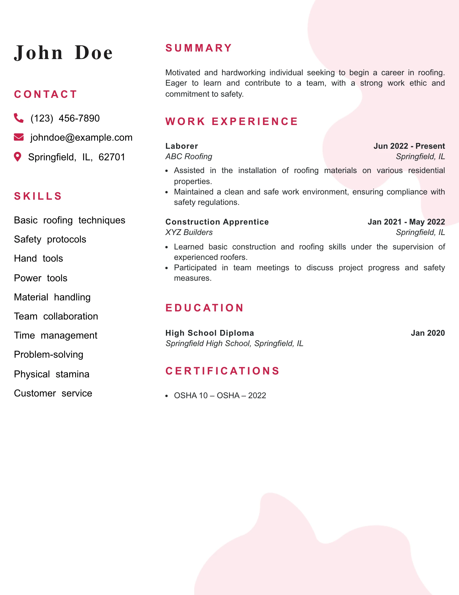 Entry Level Roofer Resume Example