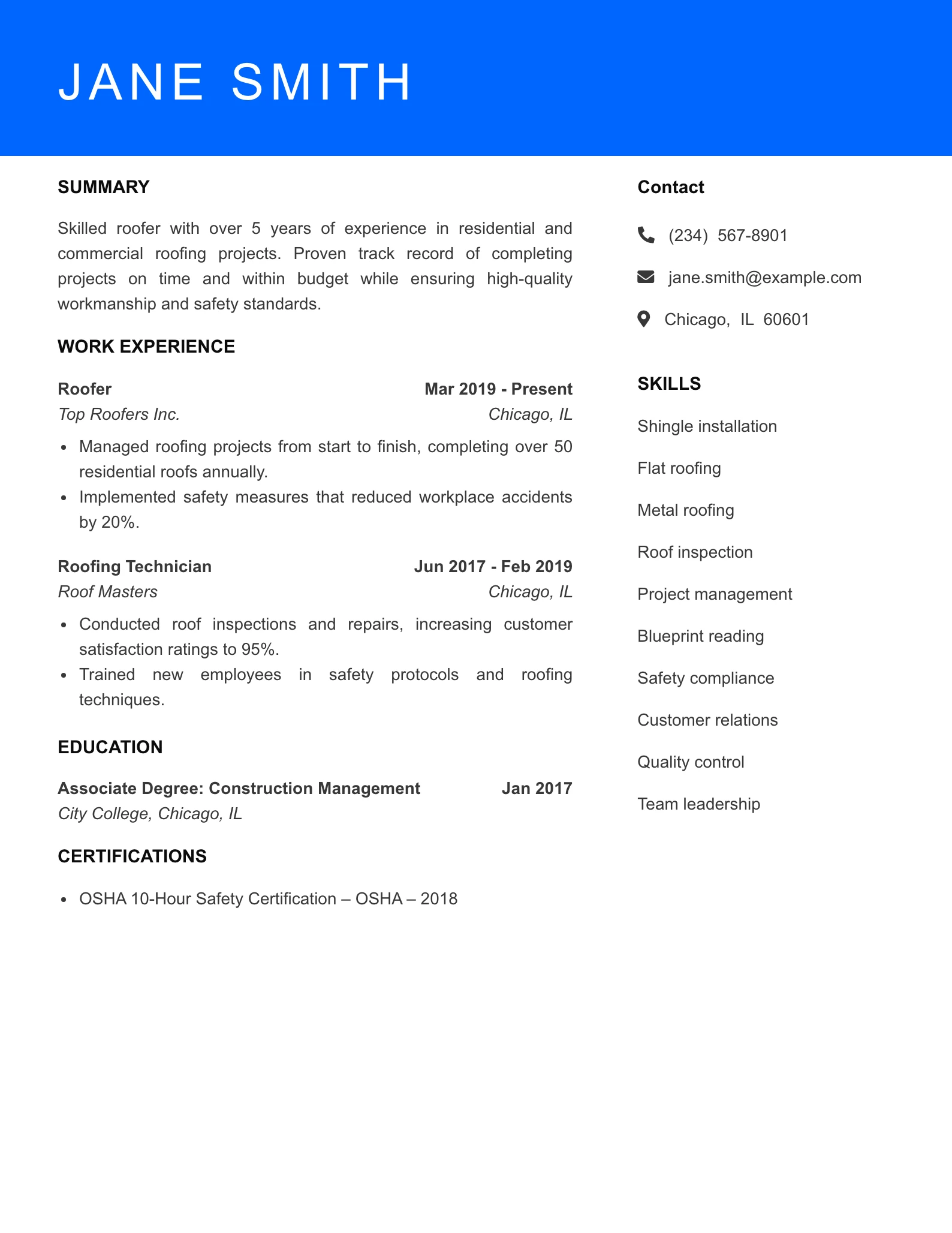 Mid Level Roofer Resume Sample