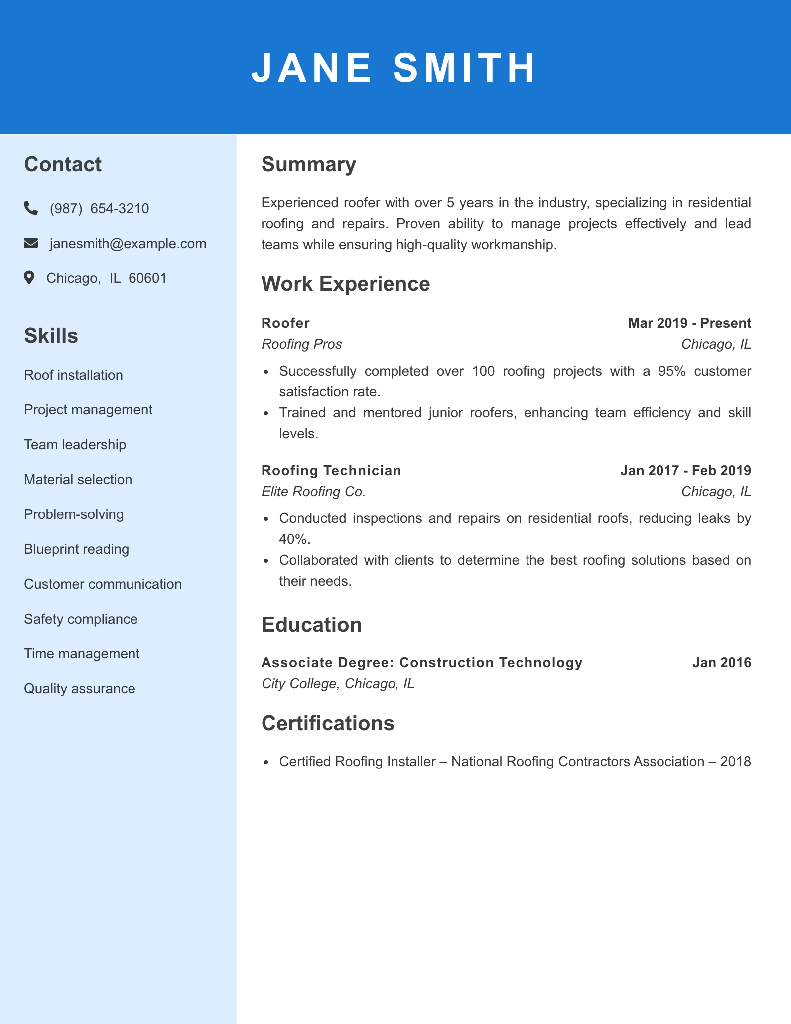 Mid Level Roofer Resume Example