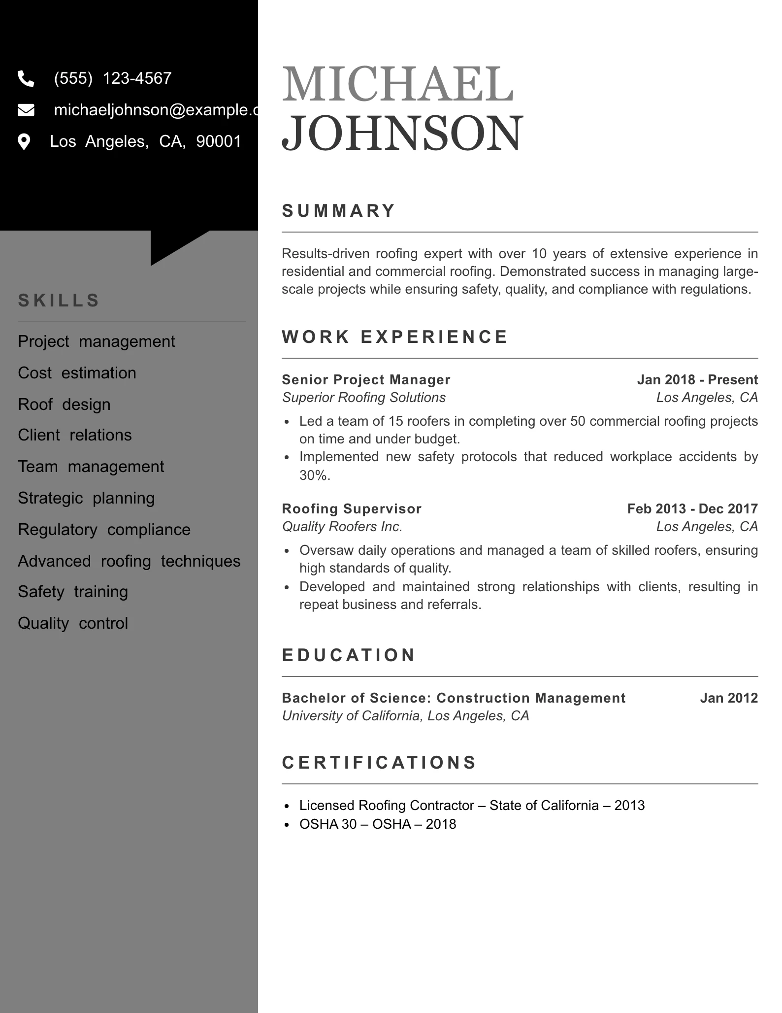 Senior Level Roofer Resume Example