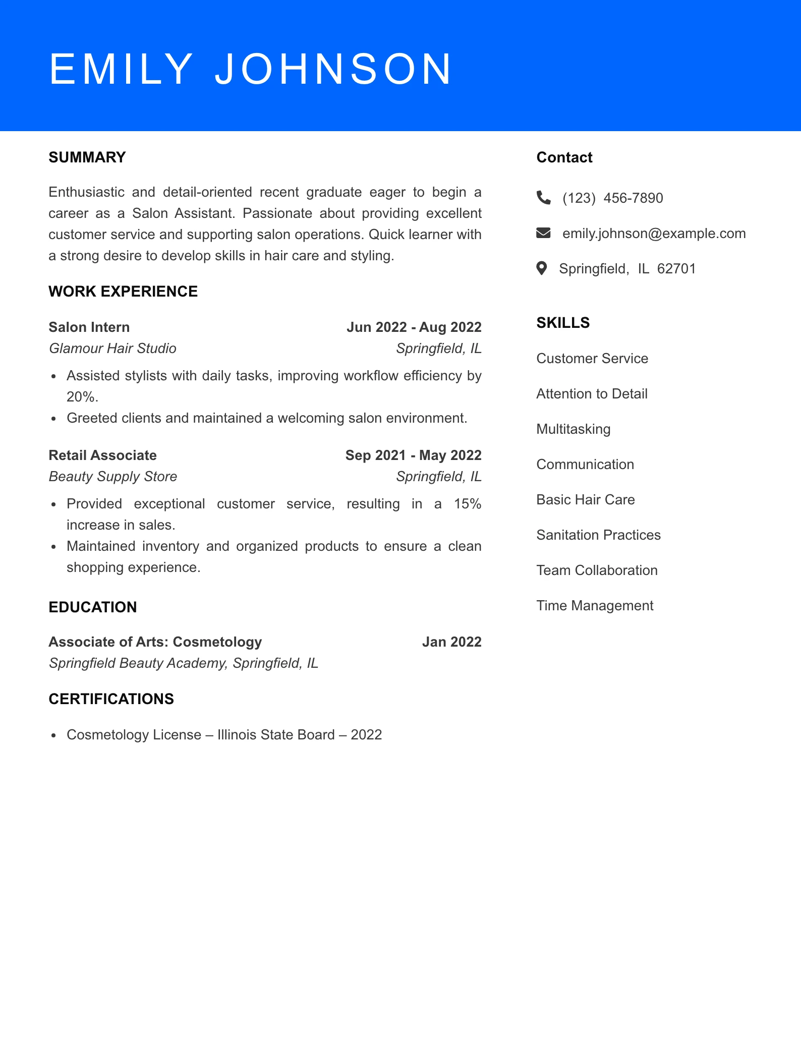 Selected Salon Assistant Resume