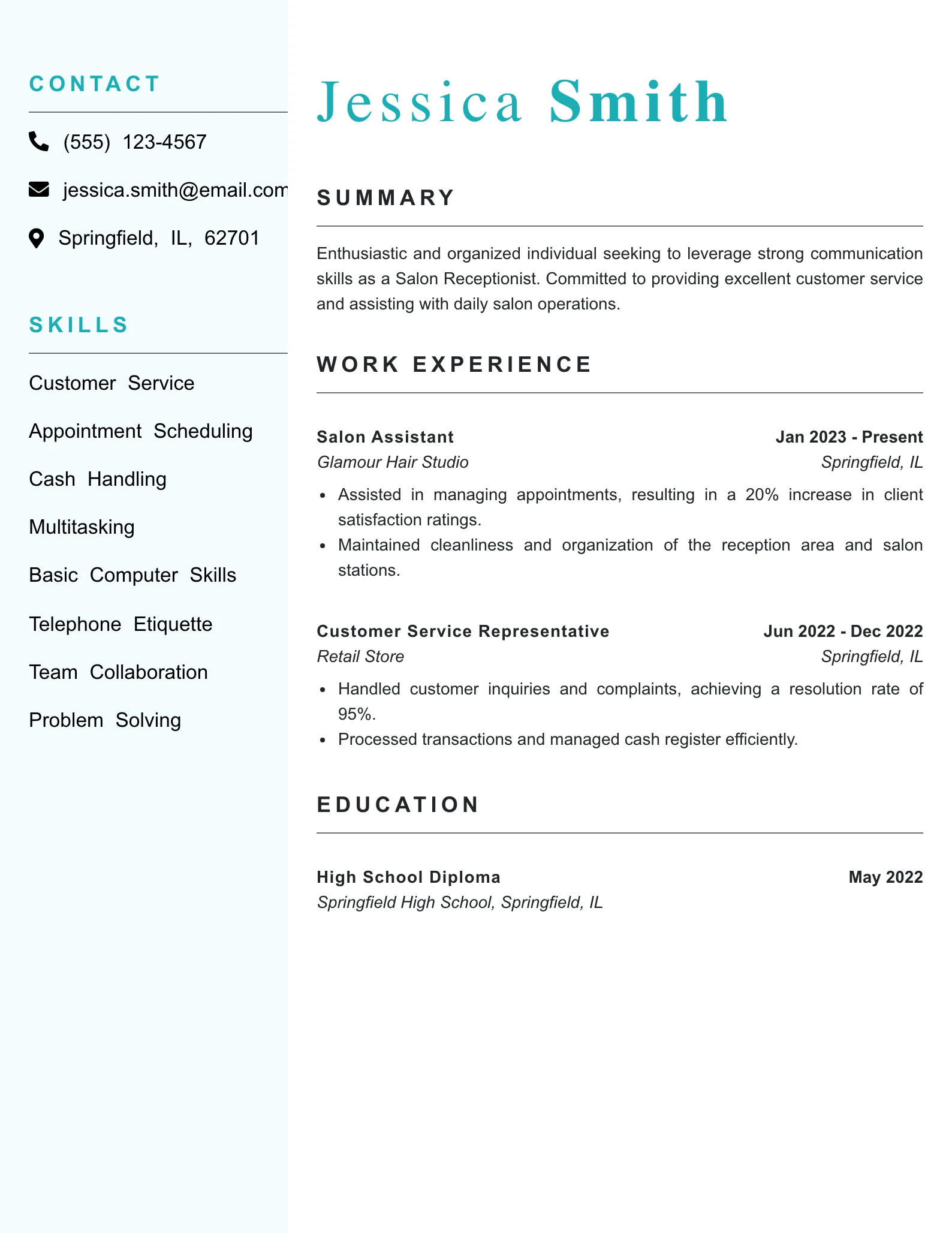 Entry Level Salon Receptionist Resume Example