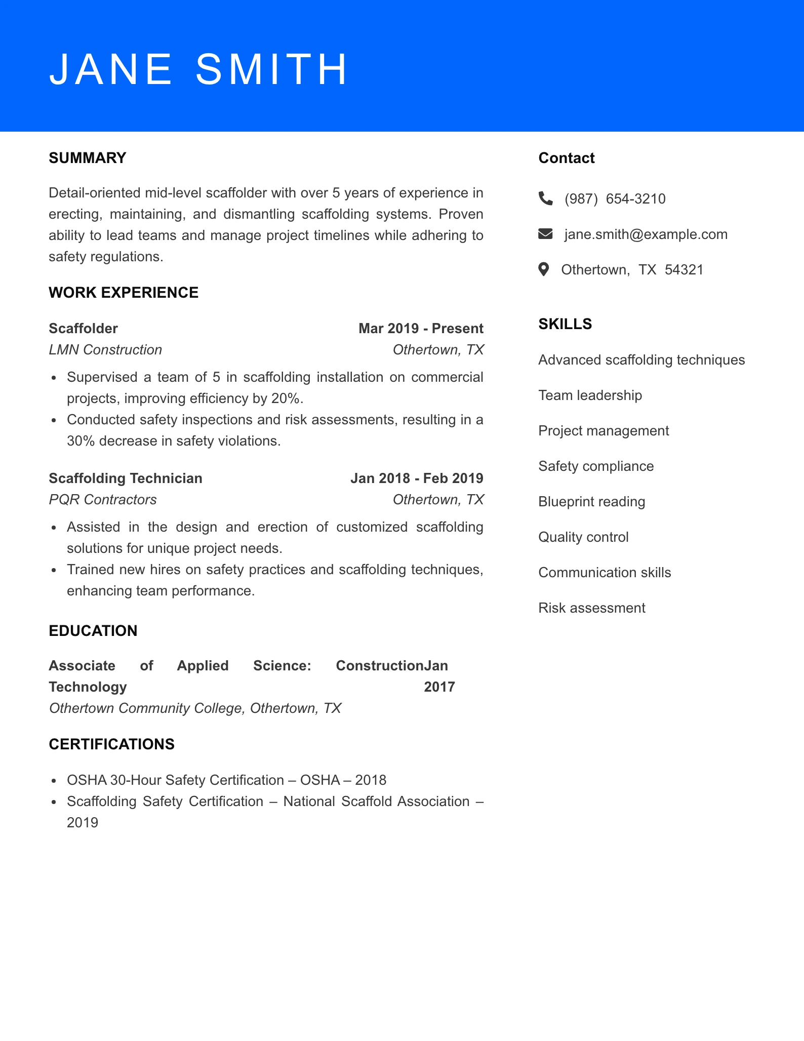 Mid Level Scaffolder Resume Sample