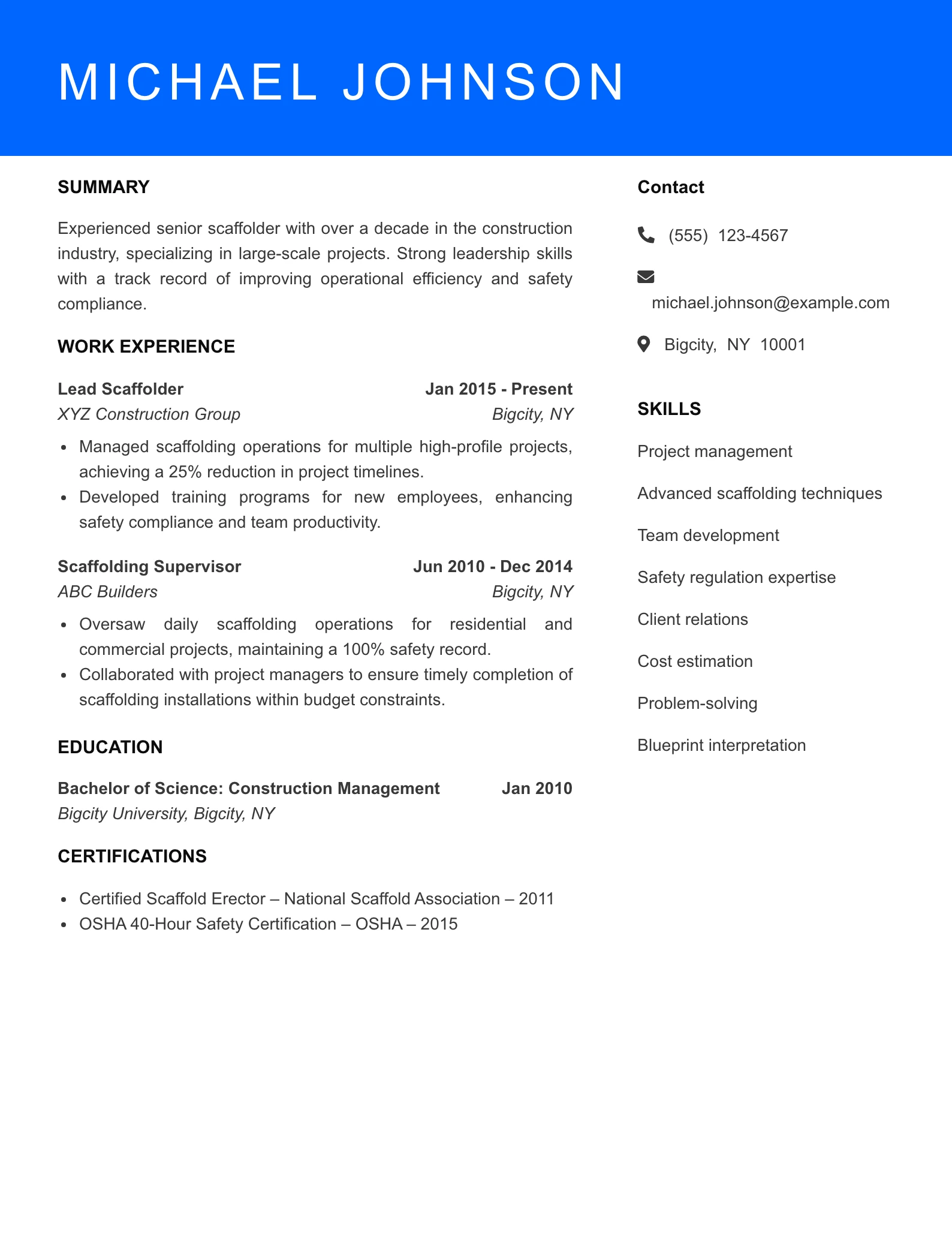 Senior Level Scaffolder Resume Sample