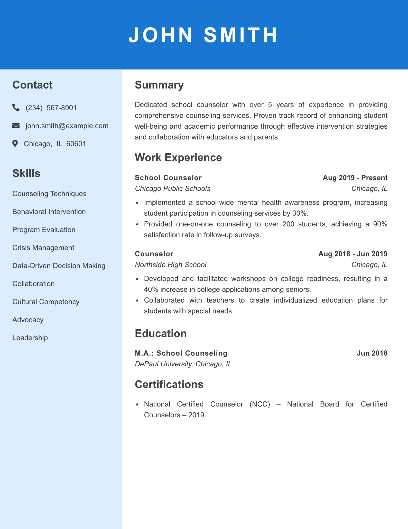 Mid Level School Counselor Resume Example