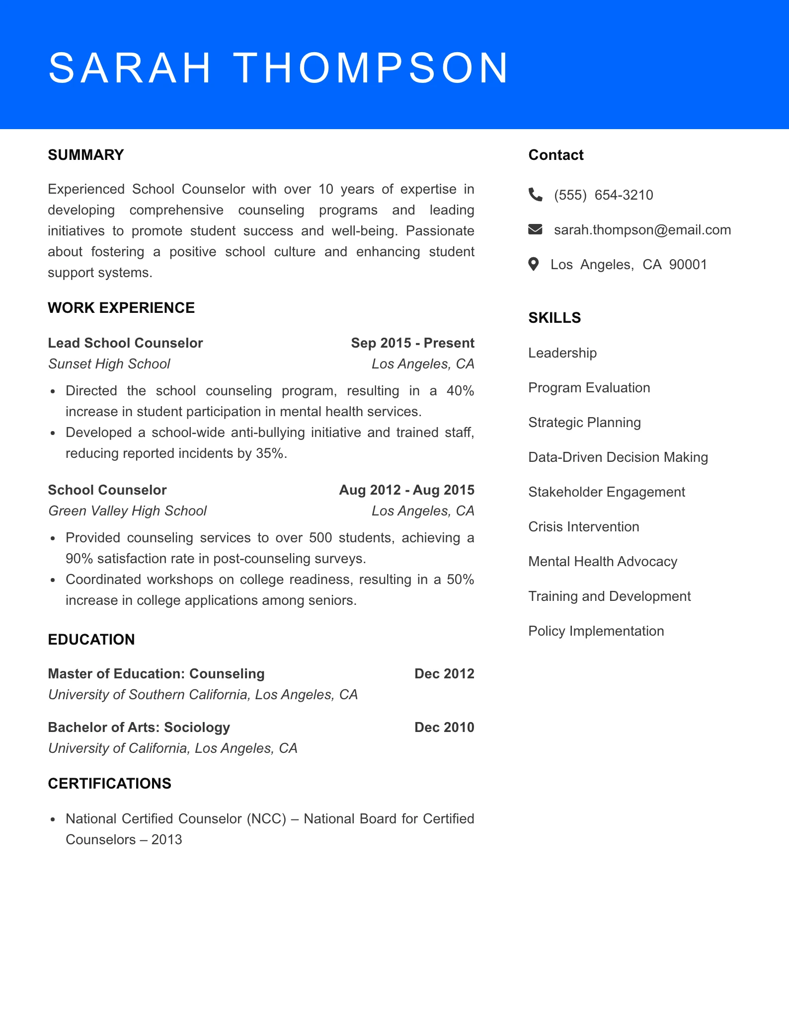 Senior Level School Counselor Resume Sample