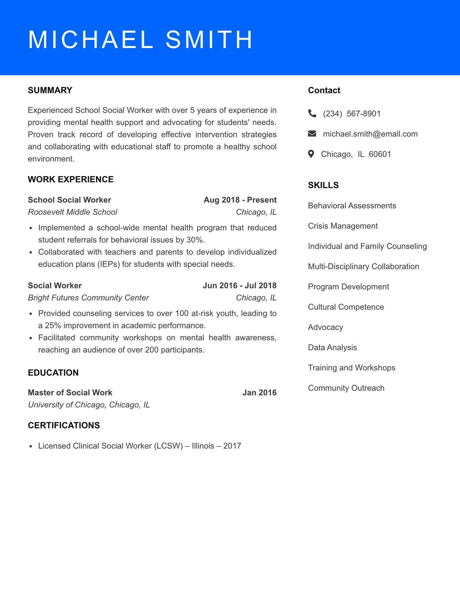 Mid Level School Social Worker Resume Sample