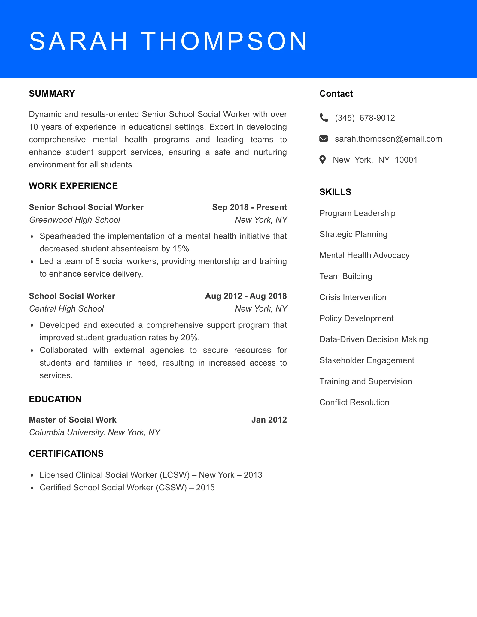 Senior Level School Social Worker Resume Sample