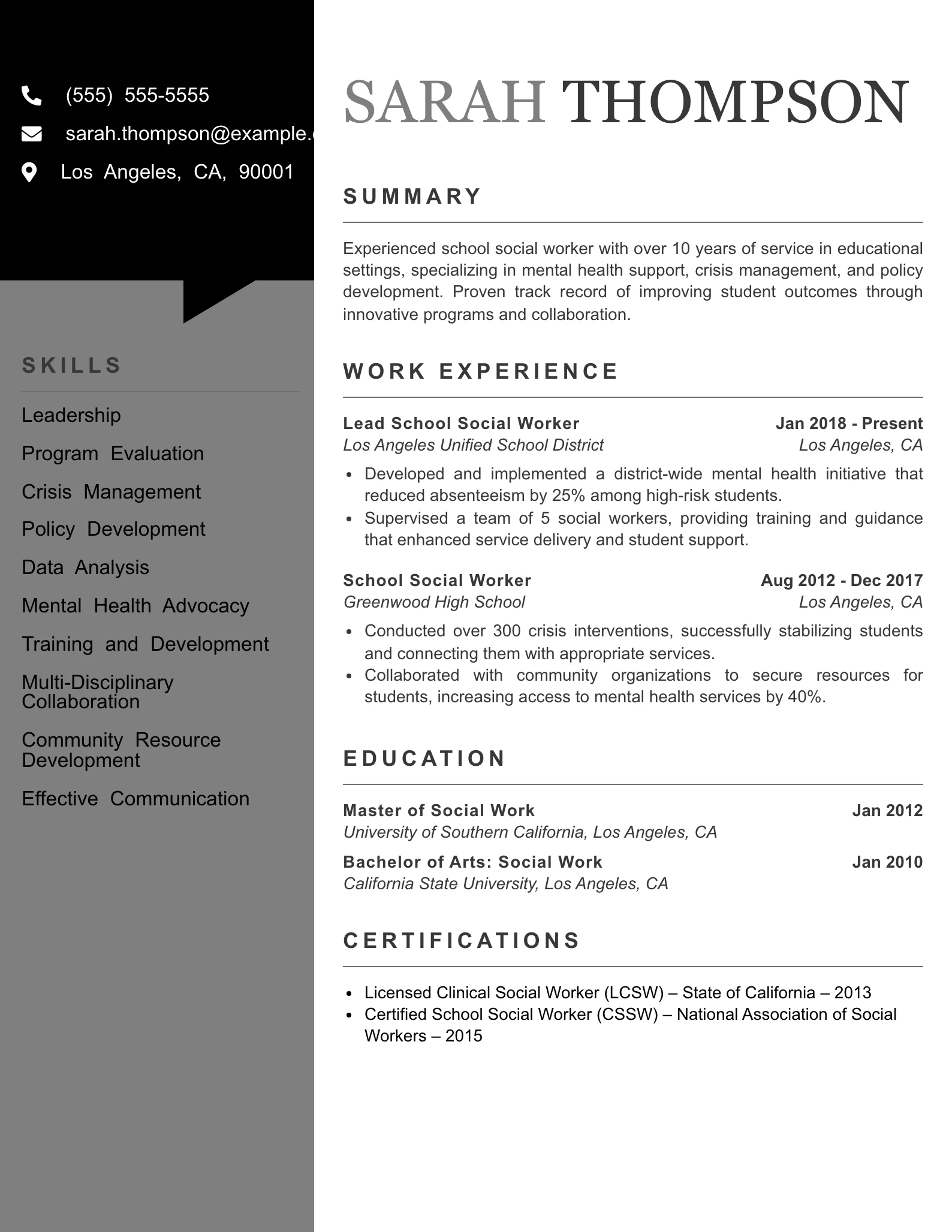 Senior Level School Social Worker Resume Example