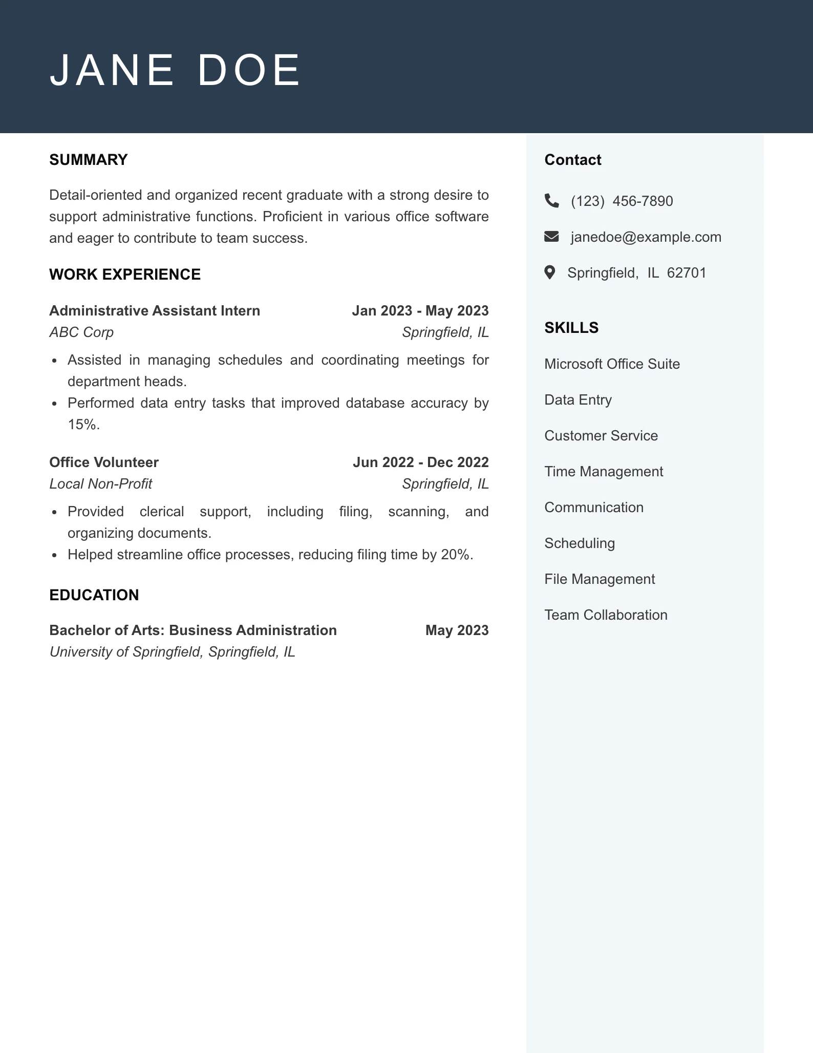 Entry Level Secretary Resume Example