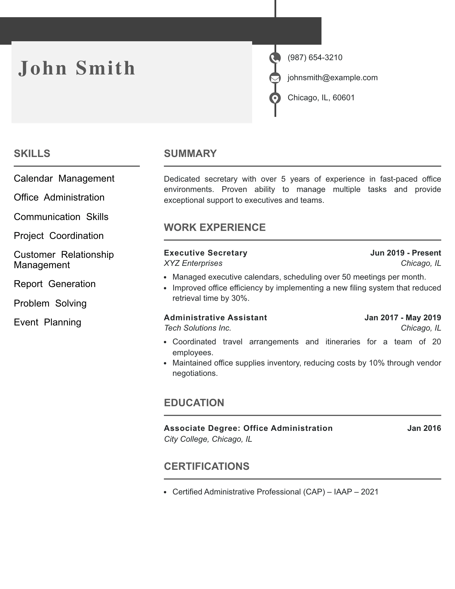 Mid Level Secretary Resume Example