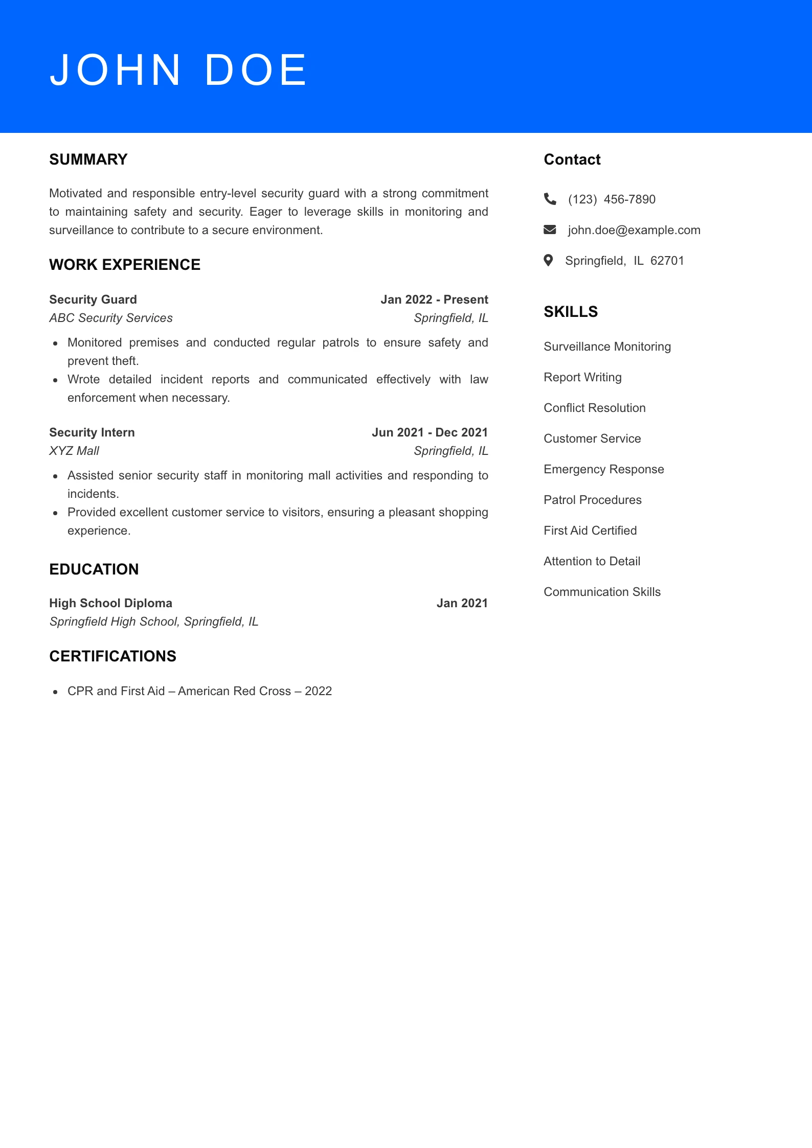 Selected Security Guard Resume